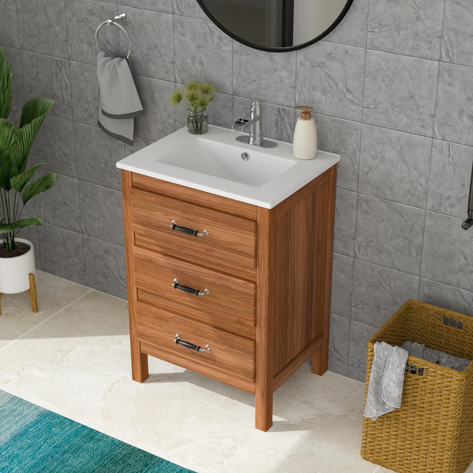 Lordear White Porcelain Ceramic Bathroom Sink - 24 x 18 Inch Drop-In Vanity Top with Single Faucet Hole - Perfect for Modern Bathroom Renovations and Small Space Vanities
