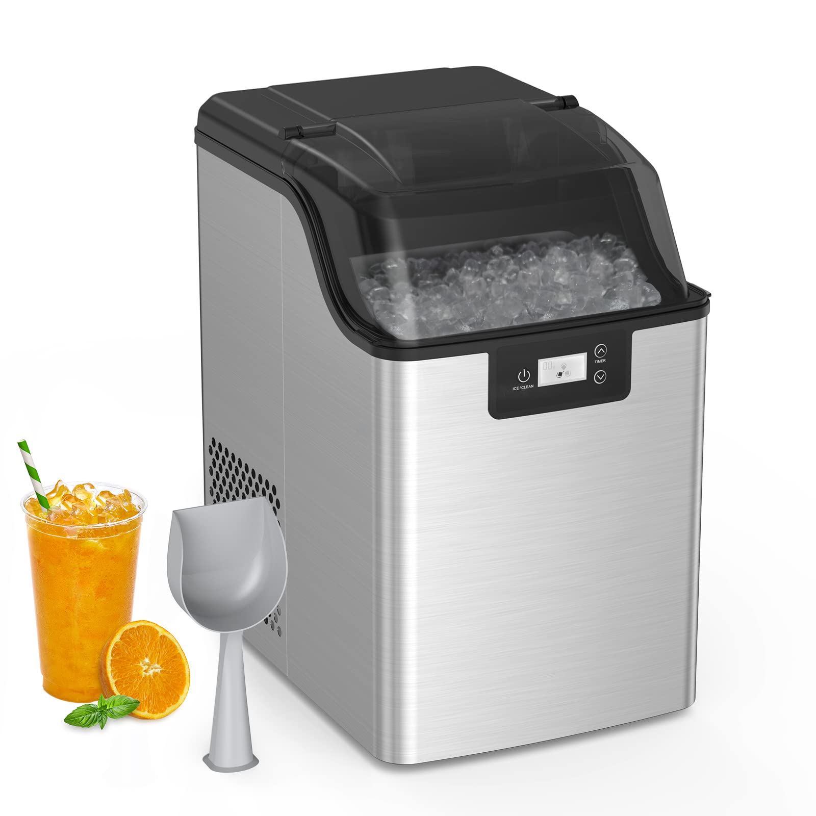 Portable Countertop Nugget Ice Maker - 44 Lbs/Day Crunchy Pebble Ice Machine with 24H Timer & Self-Cleaning, Stainless Steel Tabletop Ice Maker for Home, Office, Bar, RV, and Outdoor Parties - Perfect for Cocktails, Sodas, and Beverage Dispensers