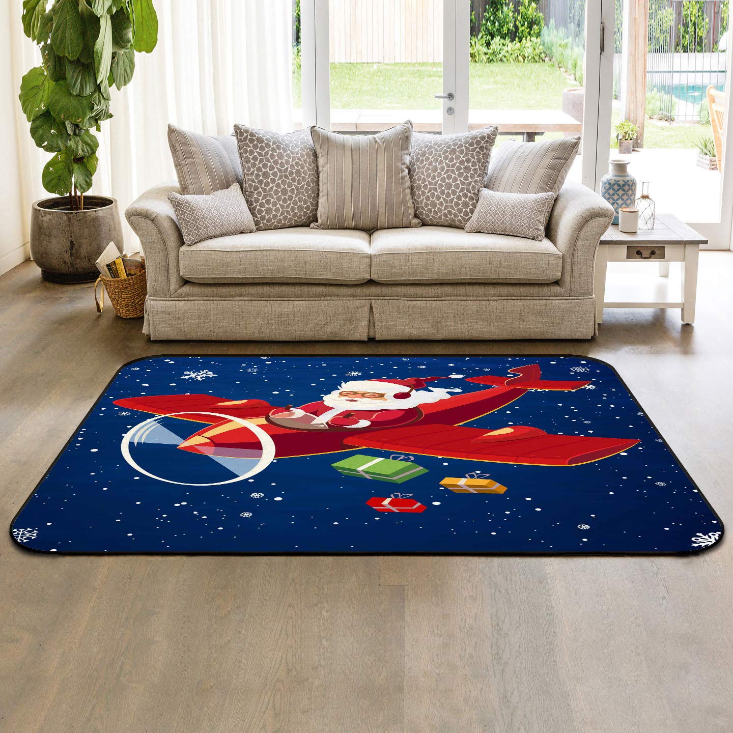 Large 4'x6' Non-Skid Christmas Area Rug - Machine Washable Holiday Decor for Living Room, Bedroom & Kids Room - Santa Claus & Airplane Design - Perfect for Xmas Gifts & Home Decoration