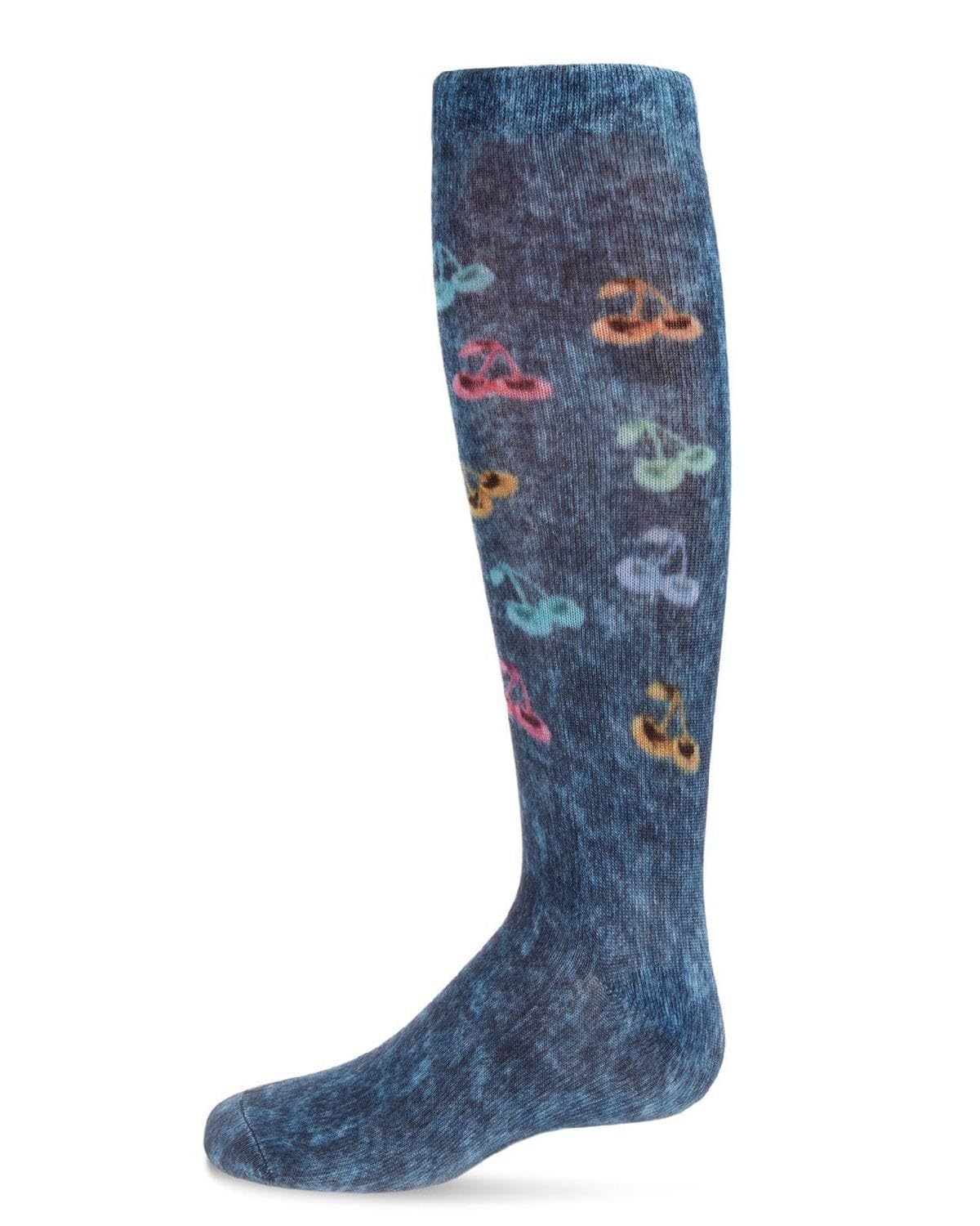 MeMoi Distressed Wash Denim Cherry Print Knee High Socks for Girls - Cute Fashion Accessories for School, Outfits & Casual Wear