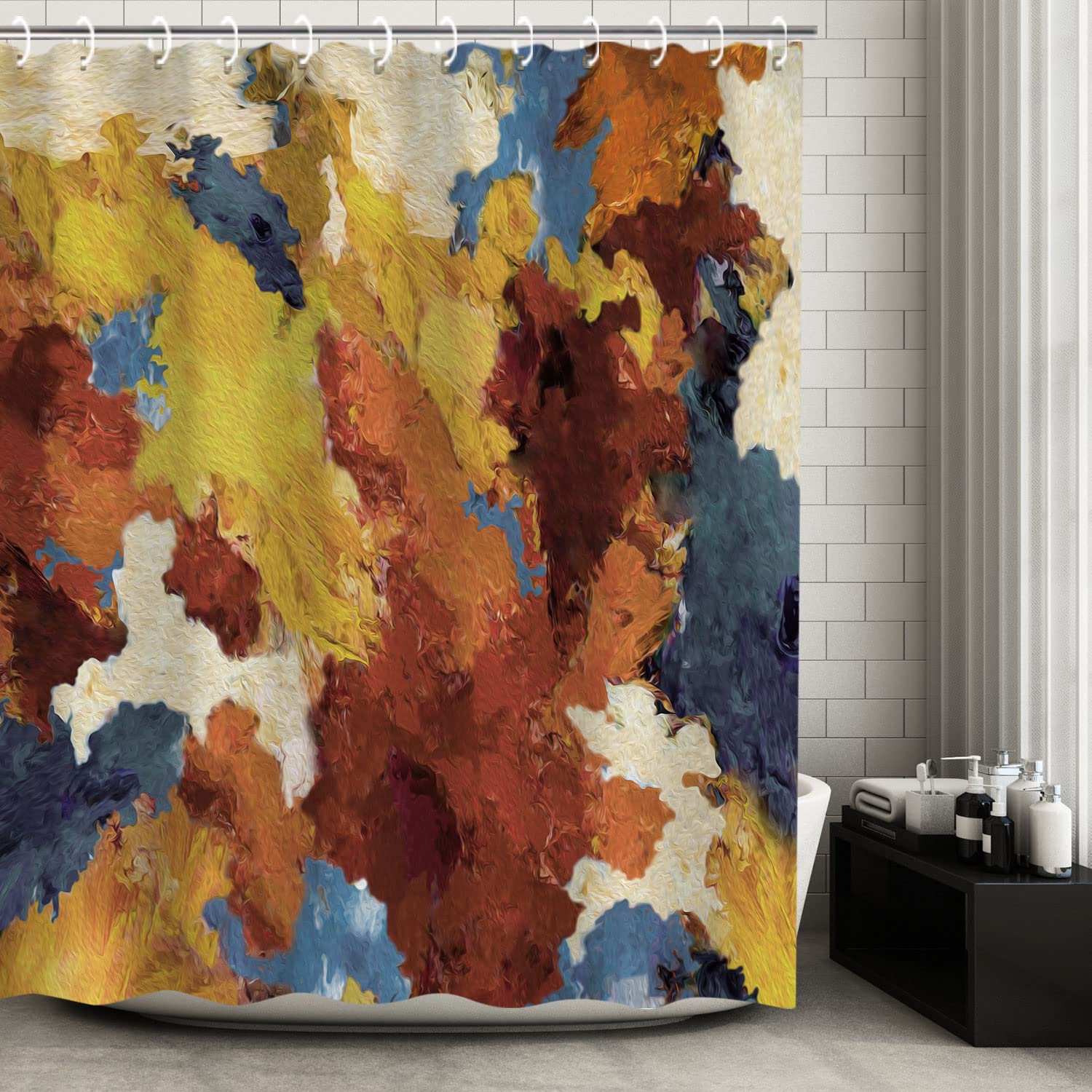 LIVILAN Abstract Orange Colorful Art Shower Curtain Set with 12 Hooks - 72x72 Inches Modern Bathroom Decor for Stylish Home & Spa-Like Retreat