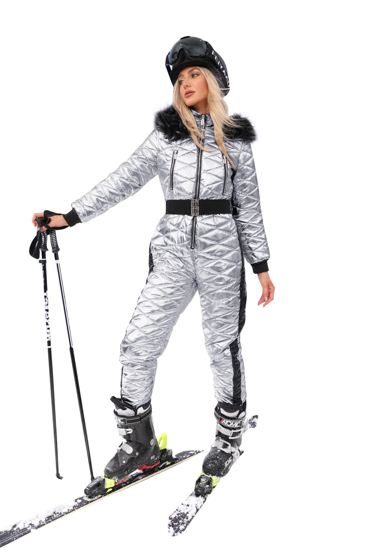 Yousify Women's Waterproof Ski Suit with Hooded Fur Collar - Winter Snowsuit for Outdoor Sports & Skiing | Warm Jumpsuit Coat for Snowboarding, Ski Resorts & Cold Weather Adventures