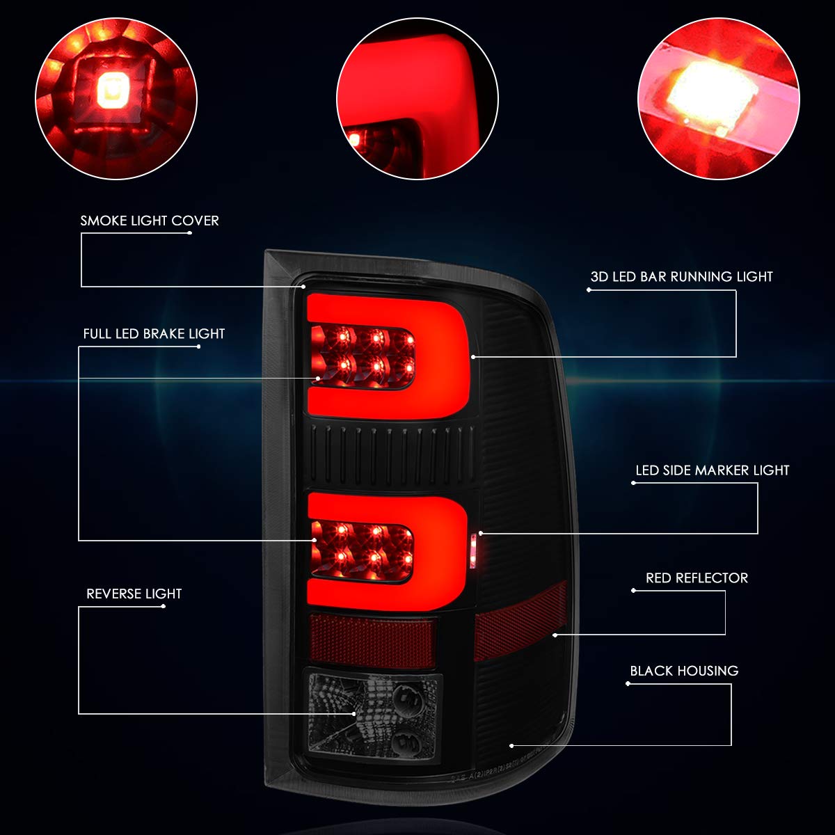 PM PERFORMOTOR C-Shape 3D LED Tail Lights Brake Lamps Assembly for 07-14 GMC Sierra - Black Housing & Smoked Lens - High Visibility & Style Upgrade for Night Driving & Custom Look
