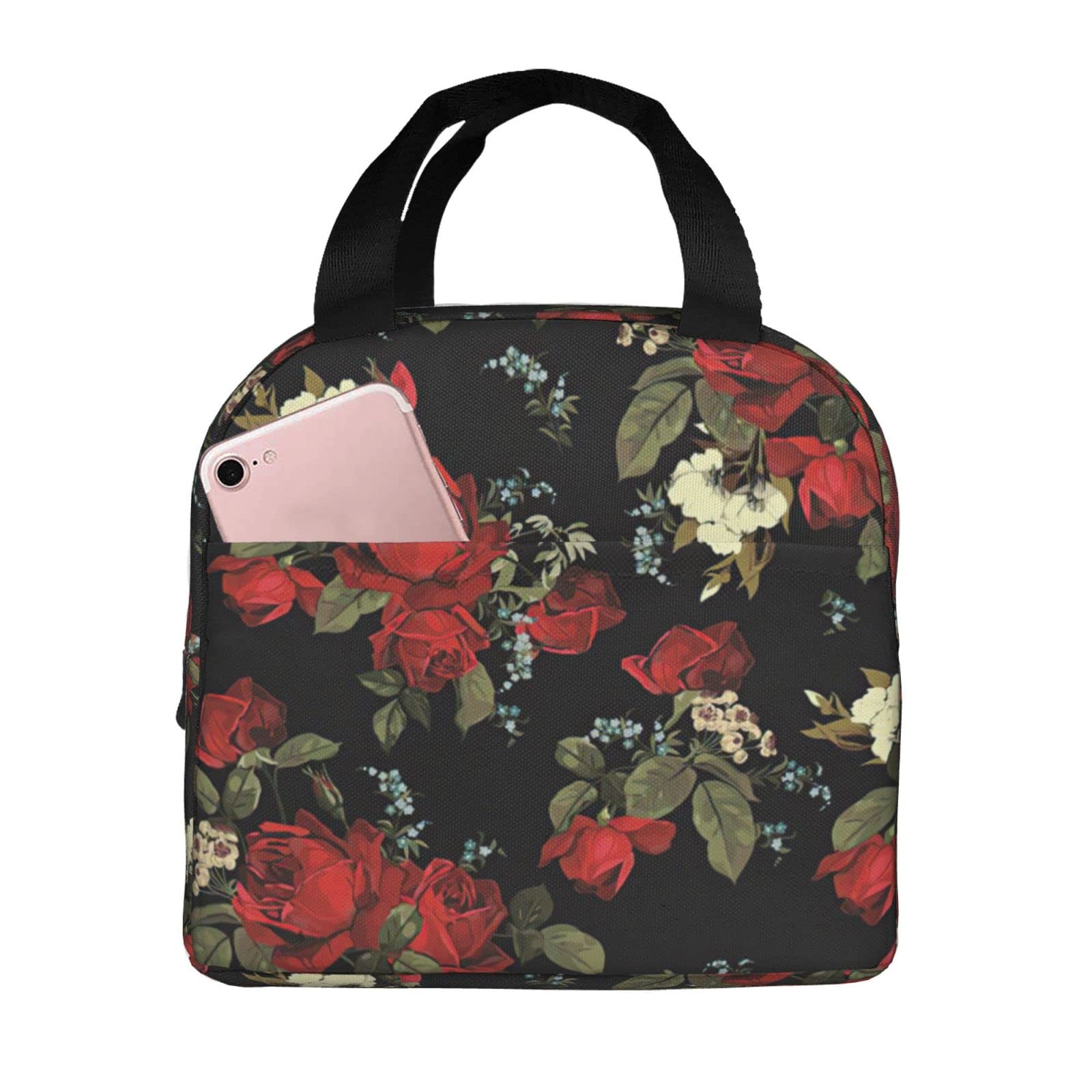 Insulated Reusable Lunch Bag with Compartments - Rose Black Cute Print Tote Handle Portable Lunch Box for Women, Men & Kids - Perfect for School, Work, Picnics & Outdoor Activities