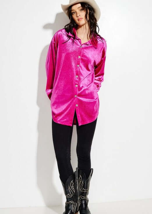 Fuchsia Glam Shacket for Women - Cozy Oversized Button-Up Jacket - Clearance Final Sale - Perfect for Fall Layering & Casual Outfits
