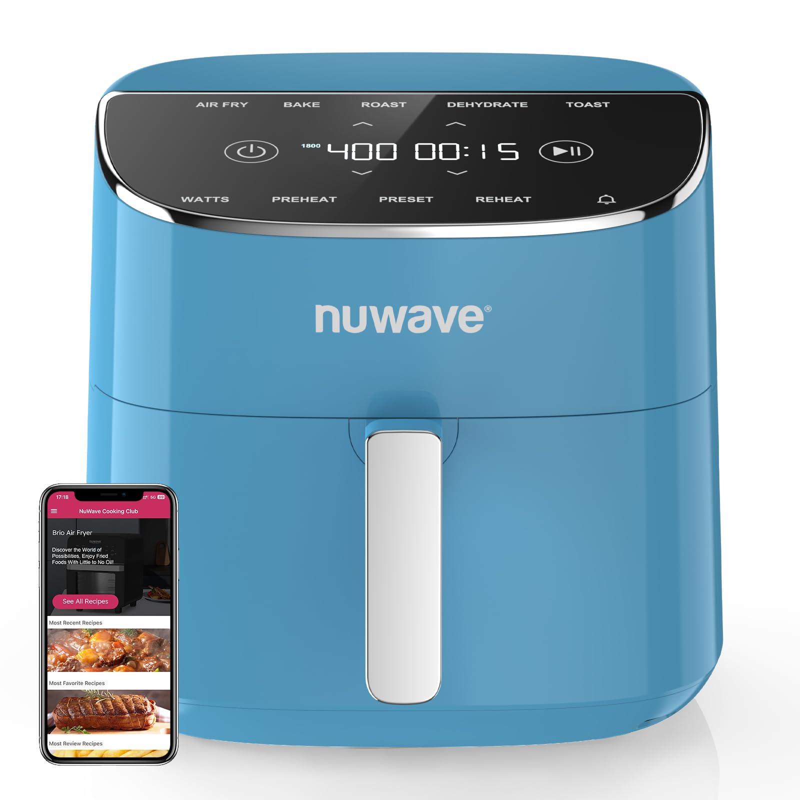 Nuwave Brio Plus 8 Qt Air Fryer - PFAS-Free, 7-in-1 Digital Cook Functions (Air Fry, Bake, Roast, Dehydrate, Toast, Reheat, Preheat) with 150 Presets & 50°F-400°F Temperature Range - Perfect for Healthy Cooking, Meal Prep & Family Dinners