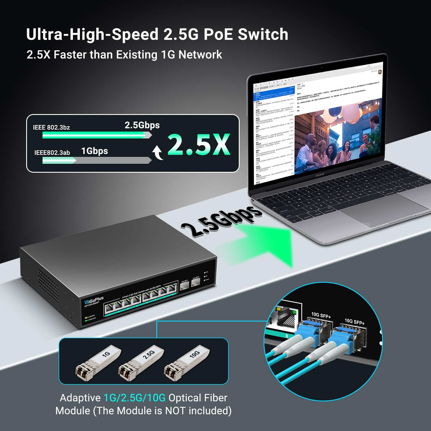 10-Port 2.5Gb Unmanaged PoE Switch with 8x2.5G PoE+ Ports & 2x10G SFP+ Uplinks | 802.3af/at | 80Gbps Switching | Ideal for 2.5Gb NAS, Gaming PC, WiFi 6 Router & Wireless AP | Home Office & Small Business Network Solution