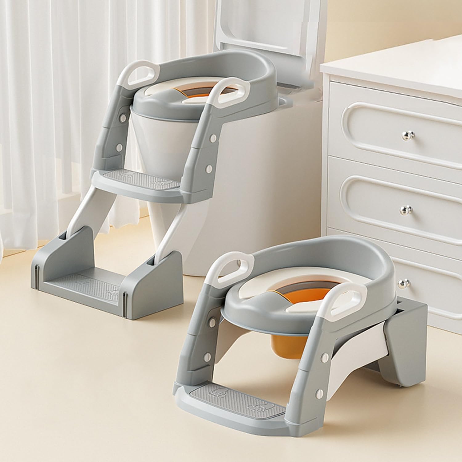 KtEli 2-in-1 Adjustable Toilet Training Seat with Step Stool Ladder - Anti-Slip Pads, Modern Grey Design - Perfect for Toddler Potty Training at Home or Daycare