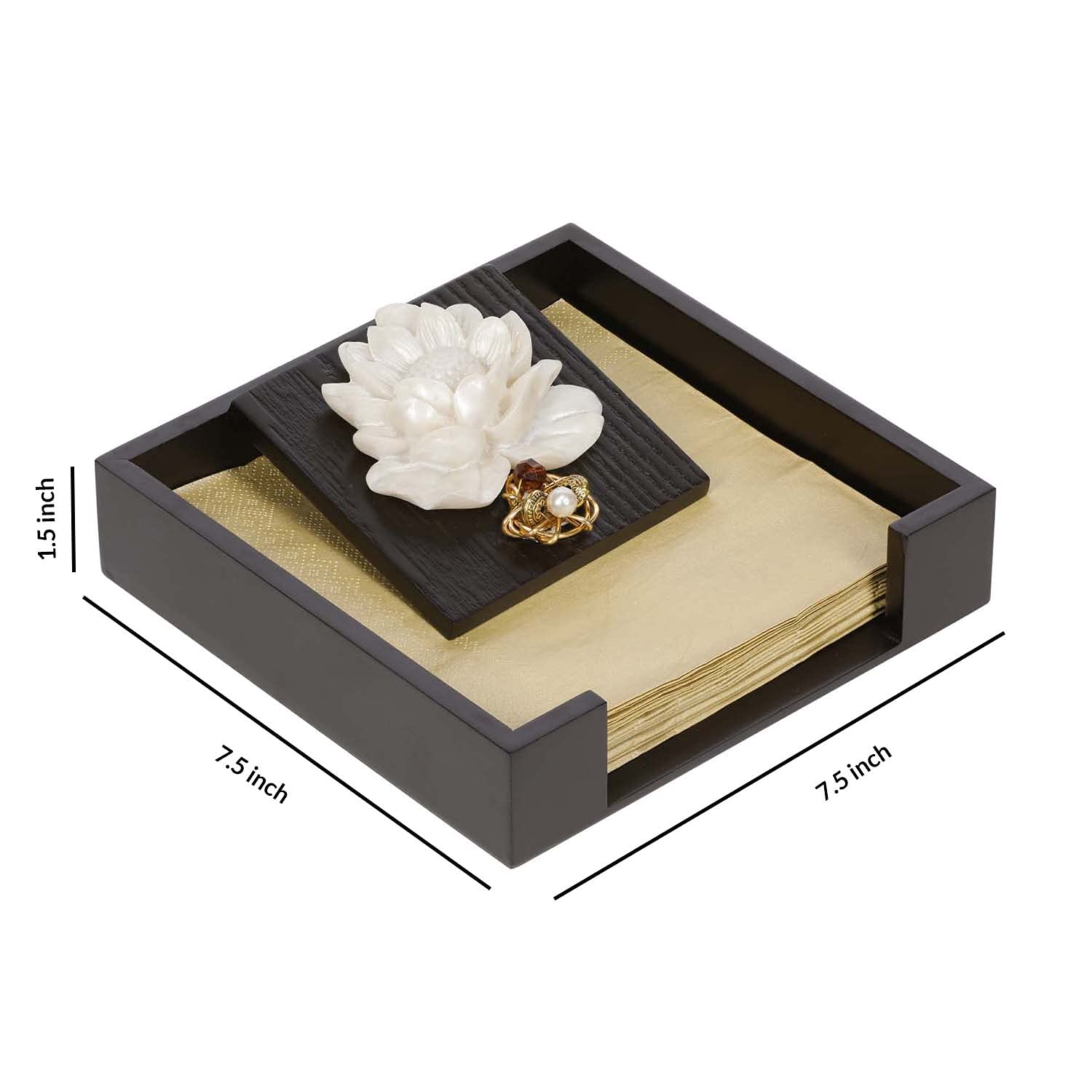 Wooden MDF Flat Napkin Holder for Dining Table - Weighted Flap Cocktail Tissue Paper Stand, Stylish Lotus Design for Home, Restaurant & Party Decor