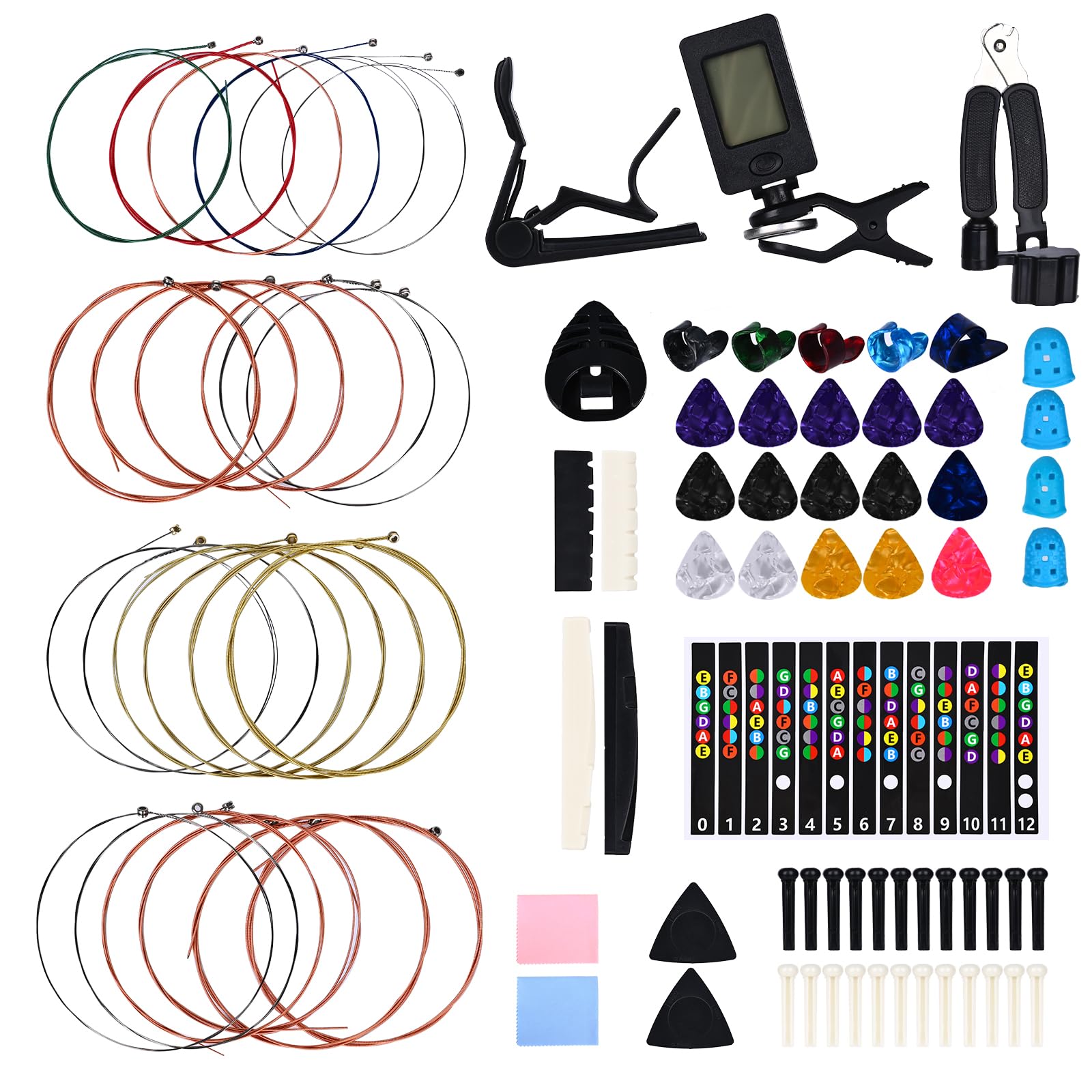 85PCS Guitar Accessories Kit - Includes Acoustic Strings, Tuner, Capo, String Winder & Cutter, Picks, Bridge Pins, Nuts & Saddles, Finger Protector, Finger Picks, Fretboard Stickers | Complete Guitar Maintenance & Repair Set for Beginners & Professionals | Perfect for Guitar Tuning, String Changing & Instrument Care