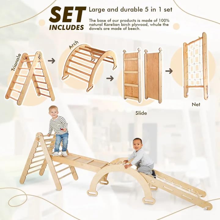 4 in 1 Montessori Indoor Climbing Set for Toddlers - Wooden Play Gym with Triangle Ladder, Arch, Climbing Ramp & Net - Baby Gym Climbing Frame for Kids Ages 1-7 (XL Size) - Perfect for Home Playroom, Daycare & Indoor Toddler Activities