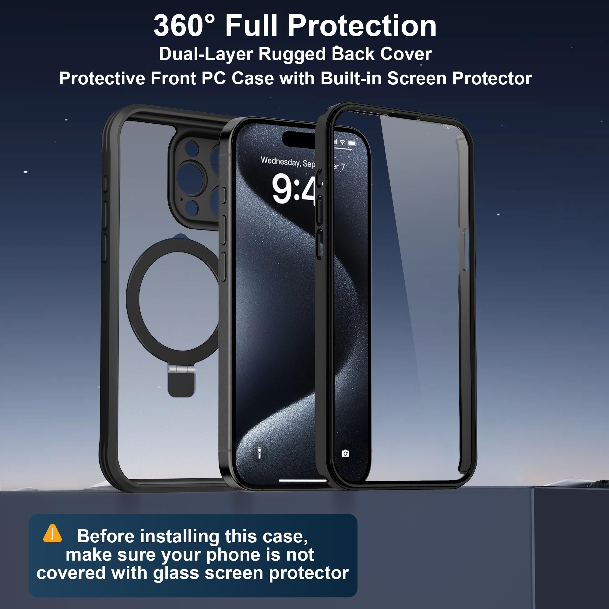 Magnetic Shockproof iPhone 15 Pro Max Case with Invisible Stand | MagSafe Compatible Translucent Matte Cover | Built-in Screen Protector for Men & Women | Perfect for Work, Travel & Outdoor Activities - Black