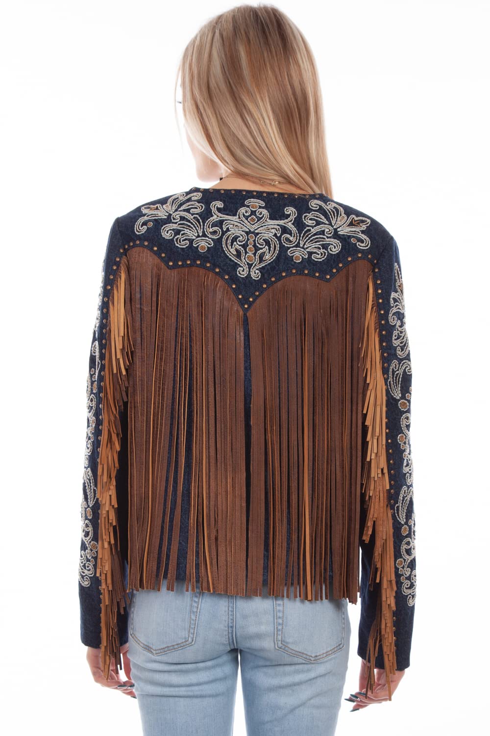 Stylish Women's Denim Leather Beaded Fringe Jacket - Boho Western Fashion for Concerts, Festivals & Casual Outings