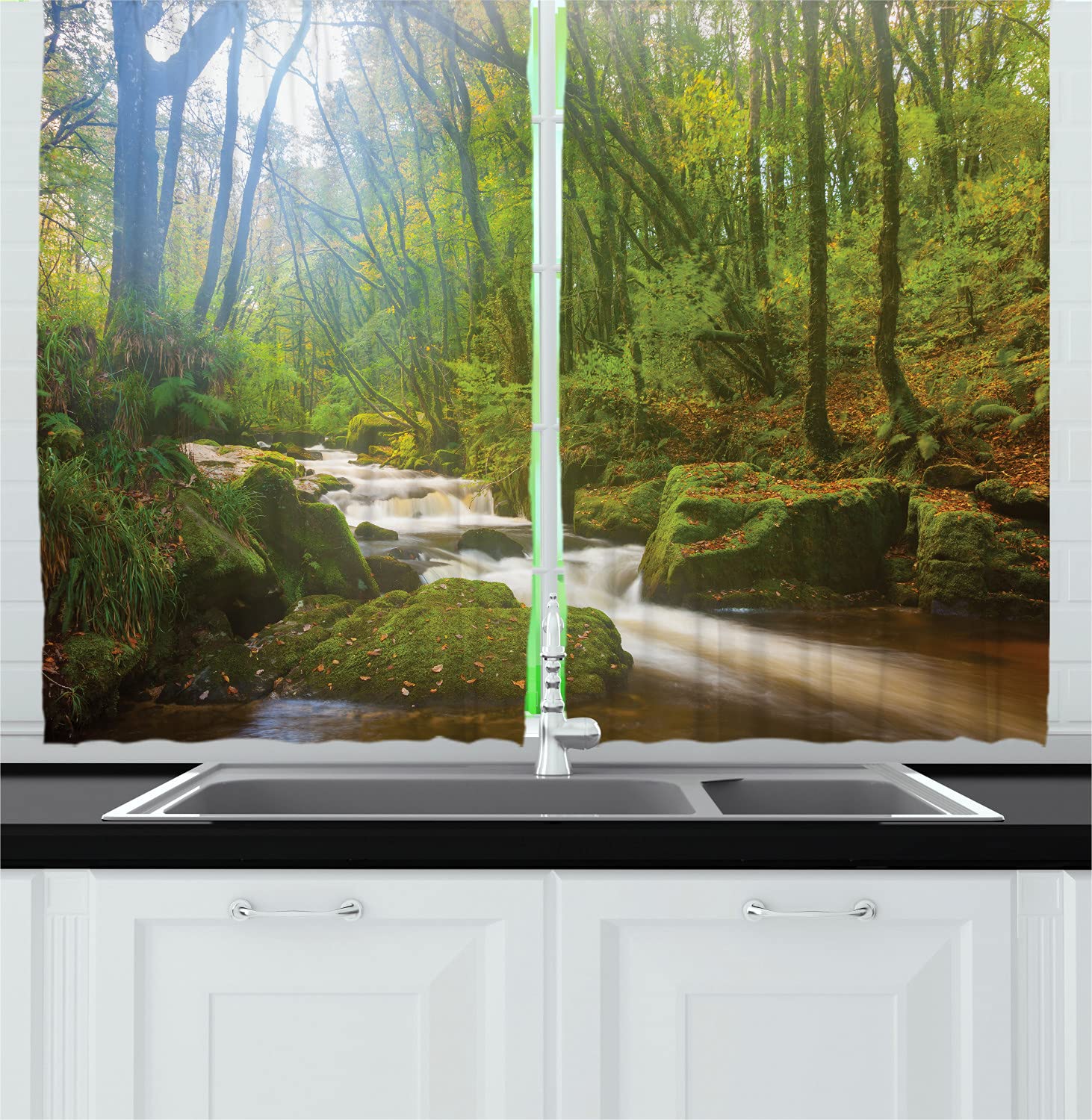 Ambesonne Woodland Long Kitchen Curtains - Forest Scene at Golitha Falls Nature Reserve, River Fowey Cornwall England - 2 Panel Drapes with Rod Pocket, 55