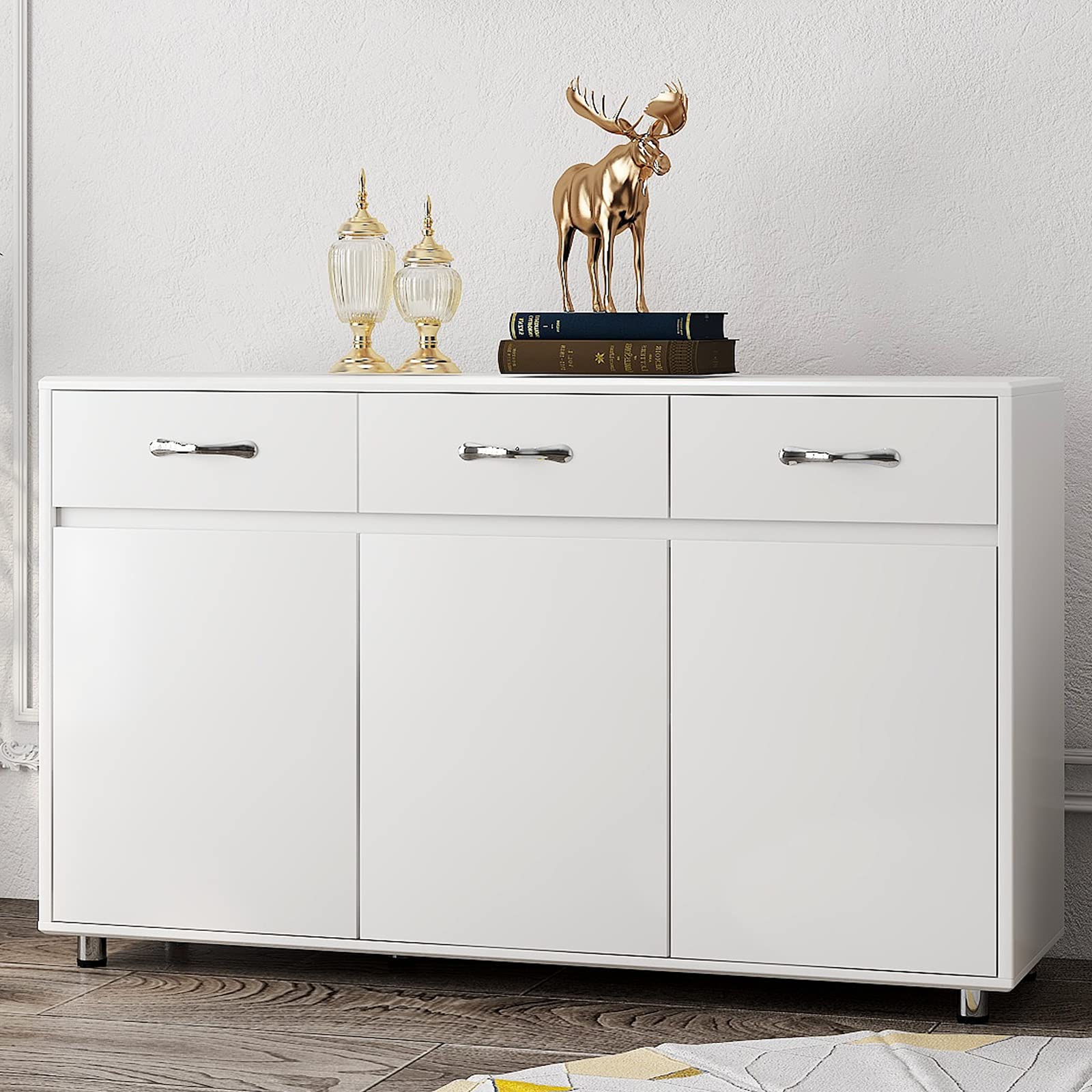 RASOO White 3-Door 3-Drawer Buffet Sideboard Cabinet - Kitchen Storage, Dining Room Organizer for Dishes, Linens & Home Decor