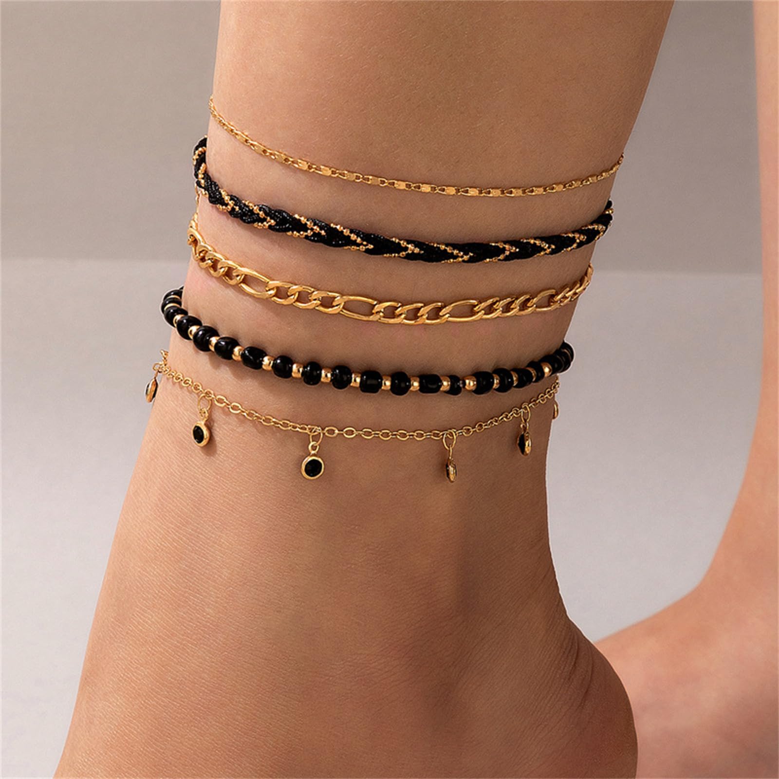 5Pcs Bohemian Layered Beaded Ankle Bracelets for Women - Dainty Stackable Seed Beads Elastic Foot Chain Jewelry - Perfect for Beach, Festival, and Summer Outfits
