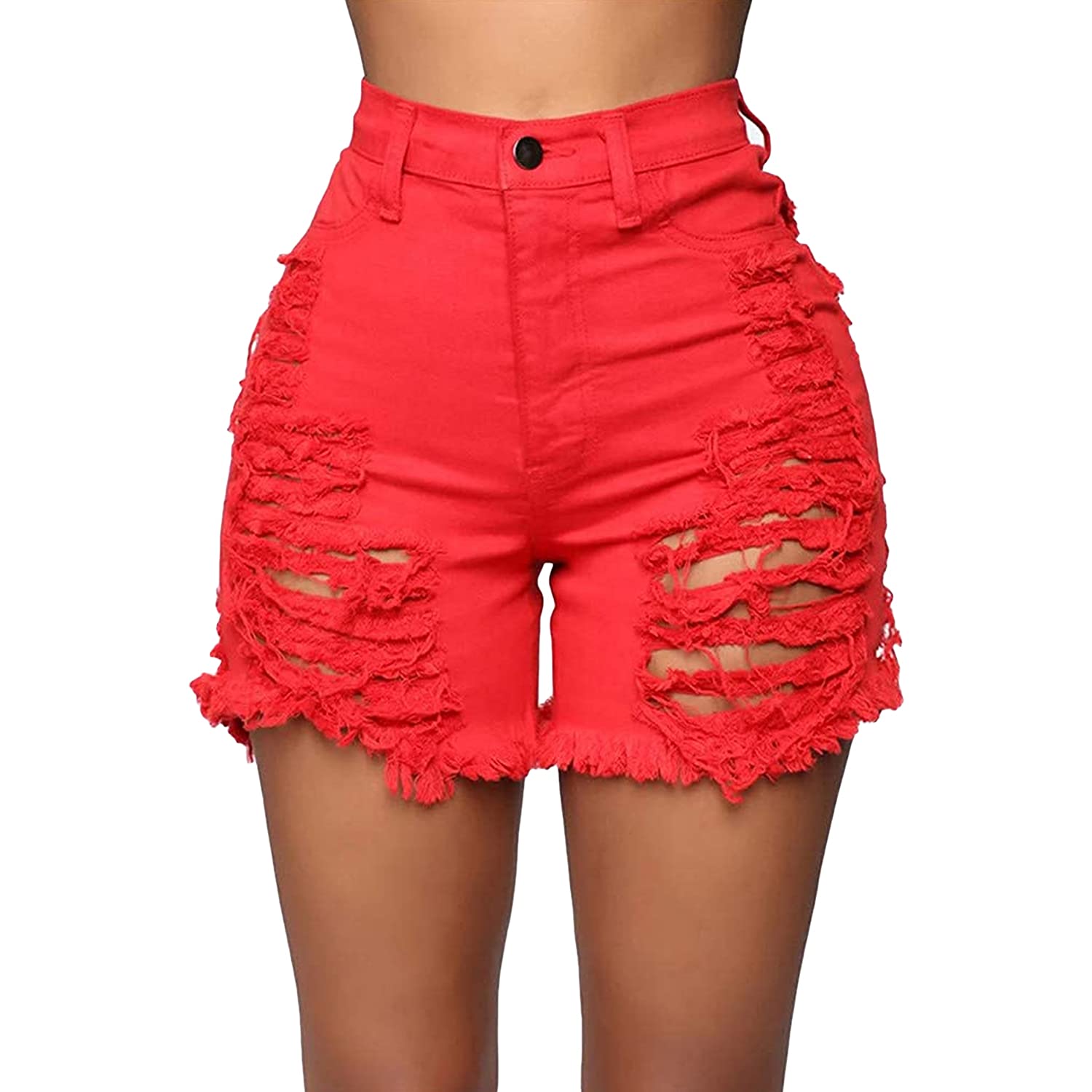 Women's High Waist Ripped Distressed Denim Shorts - Frayed Raw Hem Stretchy Jean Shorts for Women (Red, Medium) | Perfect for Summer Outfits, Casual Wear & Street Style Fashion