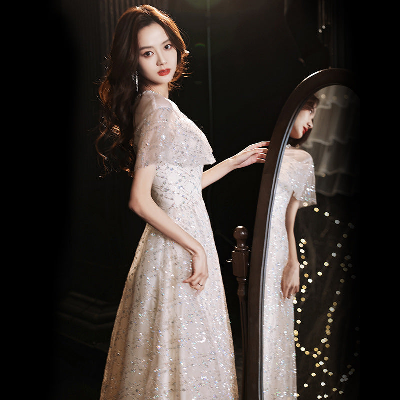Elegant Champagne Sparkly Long Evening Dress with Short Sleeves - Perfect for Prom, Homecoming, and Formal Events - Size 44