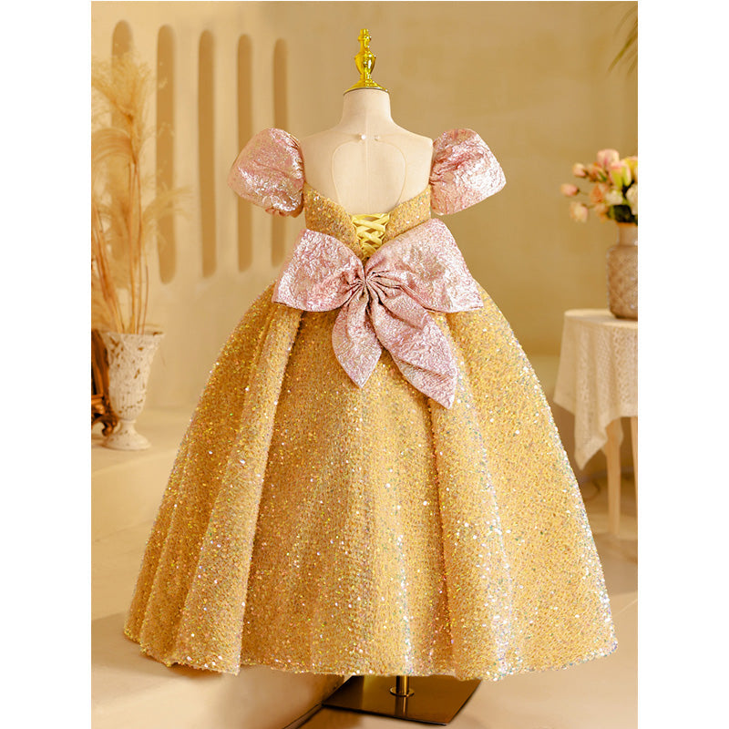 Sparkly Gold Sequin Flower Girl Dress with Puff Sleeves - Elegant A-Line Princess Gown for Weddings, Parties & Special Occasions