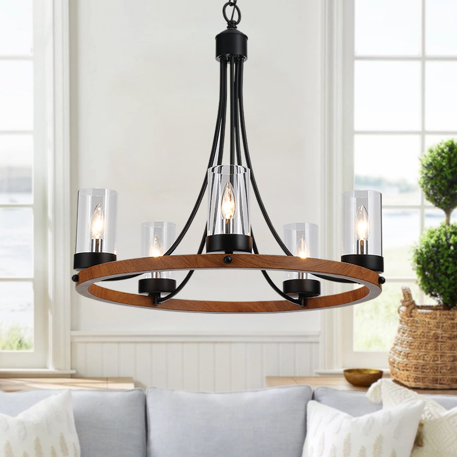 Maxax 5-Light Rustic Farmhouse Wagon Wheel Chandelier - Adjustable Wooden Ceiling Light with Clear Glass Shades, E12 Base - Perfect for Kitchen Island, Dining Room & Living Room Lighting Decor