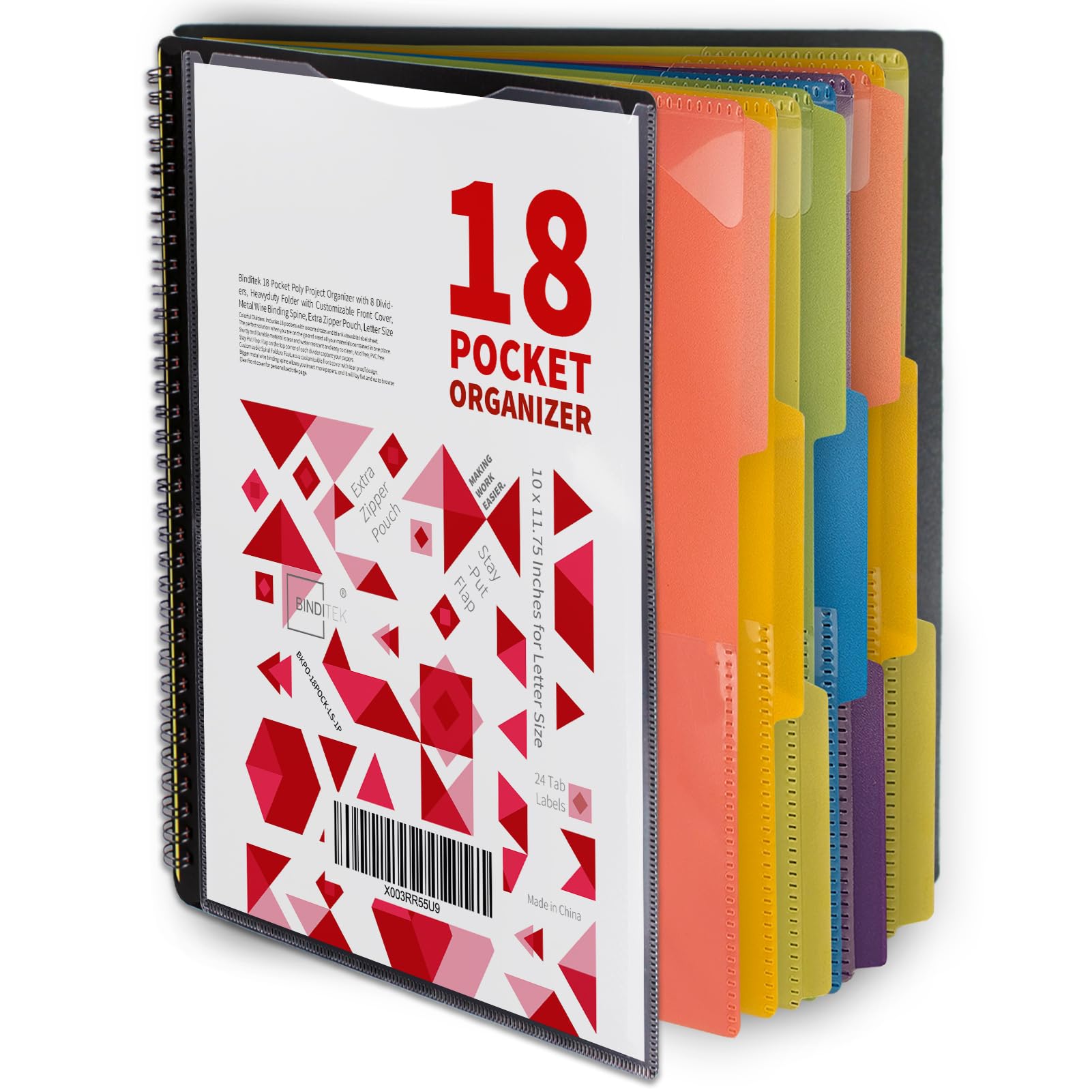 Binditek 18 Pocket Poly Project Organizer with 9 Dividers - Heavy Duty Letter Size Folder with Customizable Cover, Metal Wire Binding & Zipper Pouch - Perfect for School, Office & Document Organization Supplies