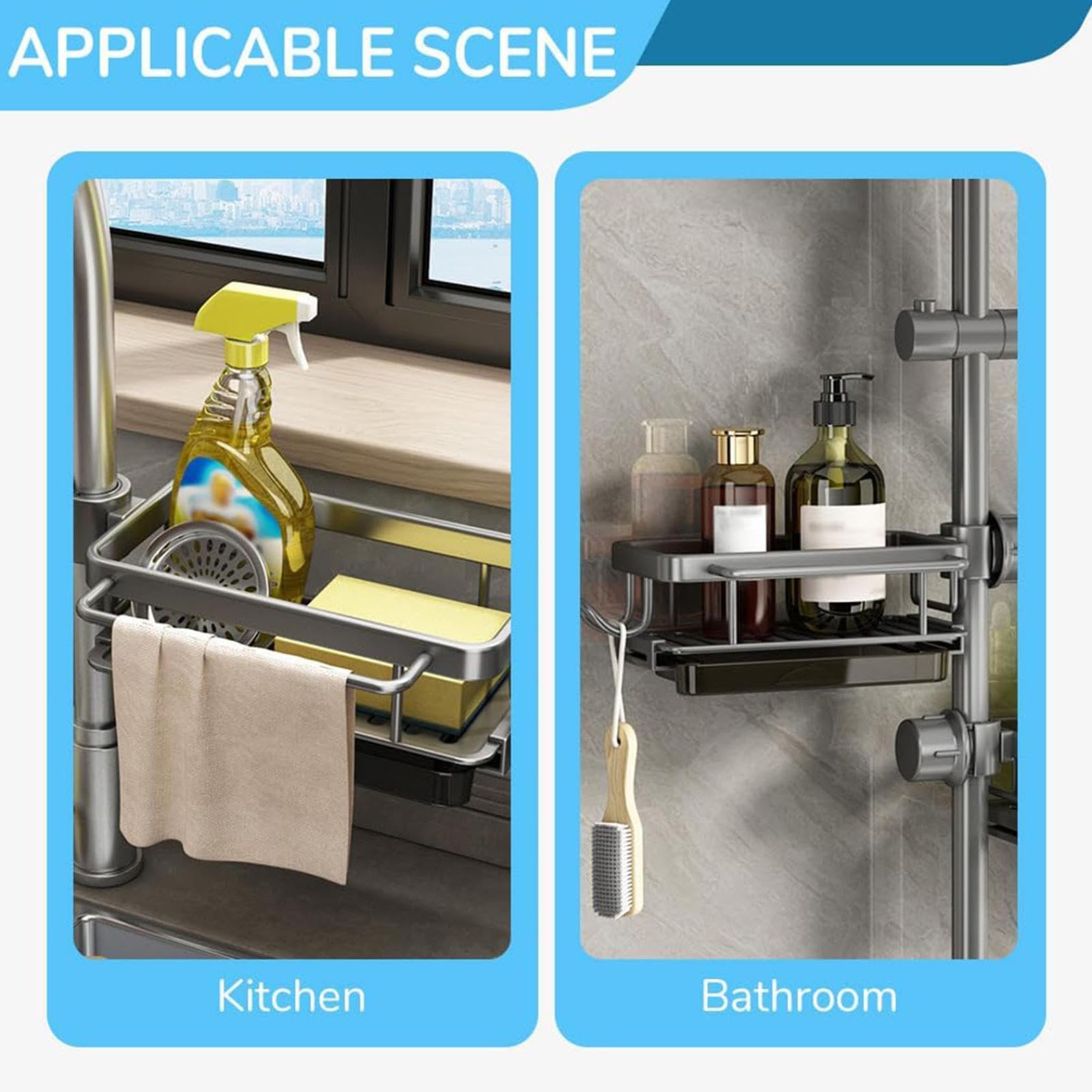Stainless Steel Faucet Sponge Holder & Sink Caddy Organizer - Over the Faucet Hanging Drain Rack for Kitchen & Bathroom - No Drilling Required, Space Saving Sink Organizer (Silver) - Perfect for Small Kitchens, Apartments & RVs