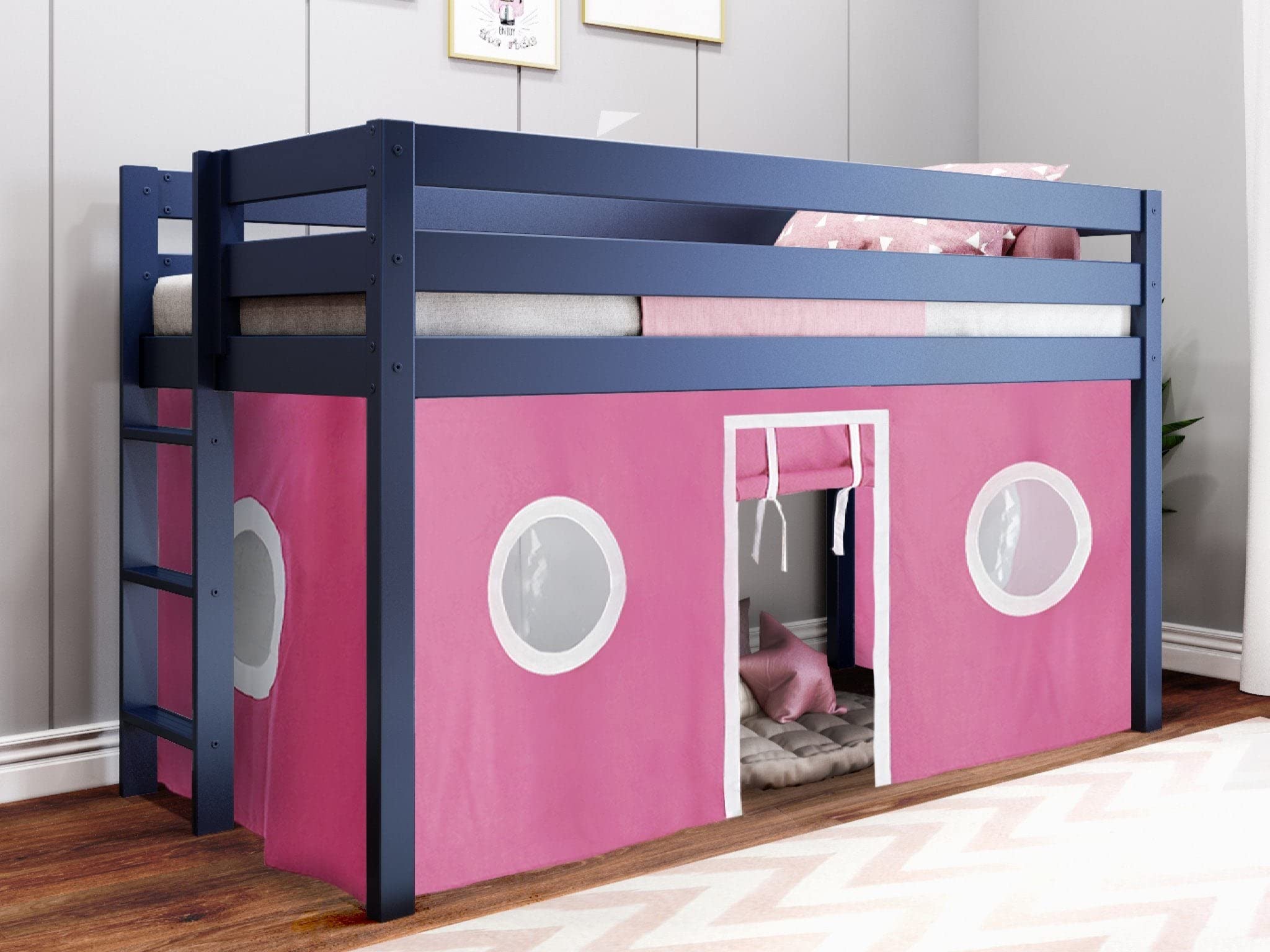 Modern Low Loft Bed with End Ladder - Twin Size Blue Frame & Pink/White Tent - Space-Saving Kids Bedroom Furniture for Small Rooms & Dorm Decor