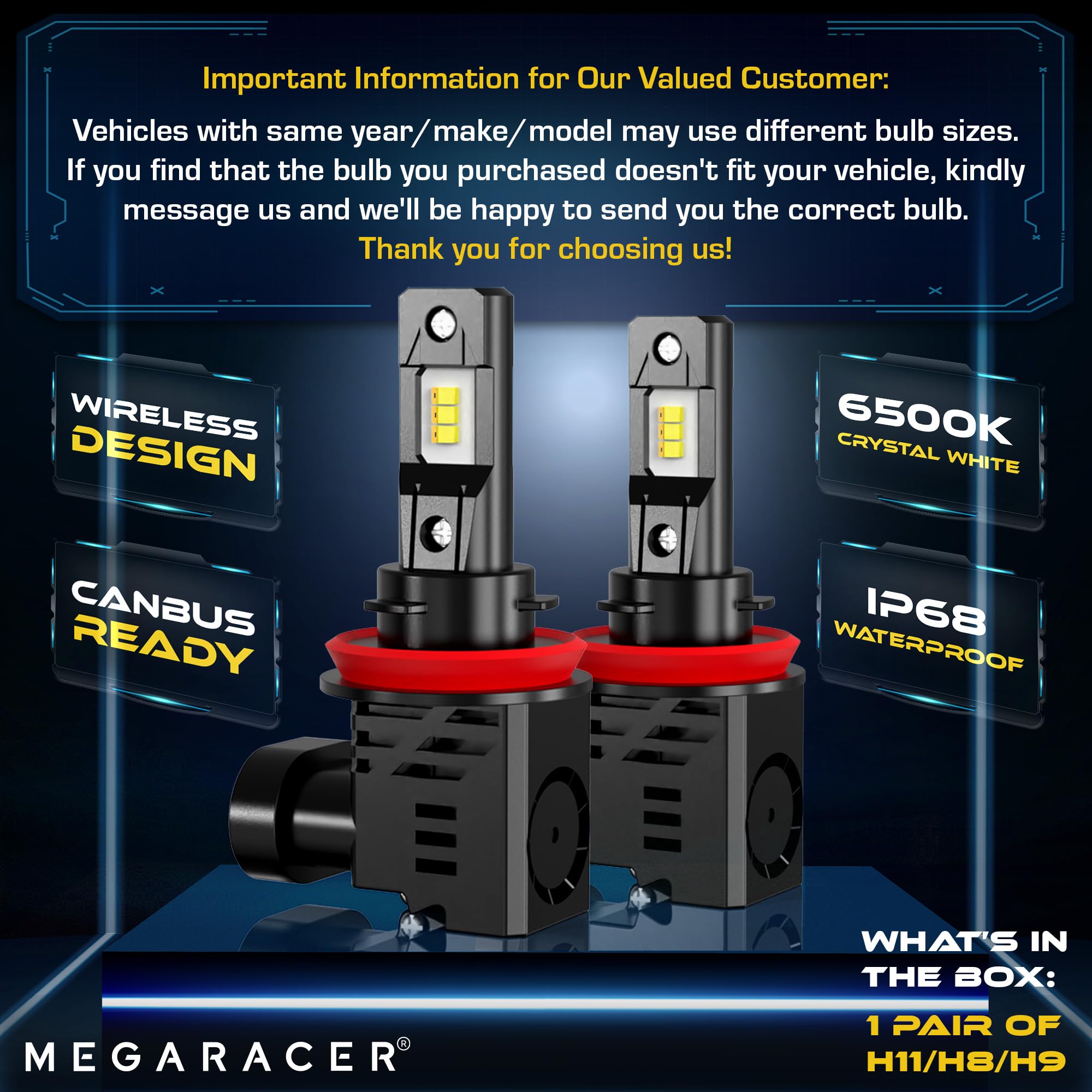 Mega Racer H11 H8 H9 LED Fog Light Bulbs - 700% Brighter 6500K Crystal White - Plug and Play Car Fog Lights for Enhanced Visibility in Rain & Snow - Pack of 2