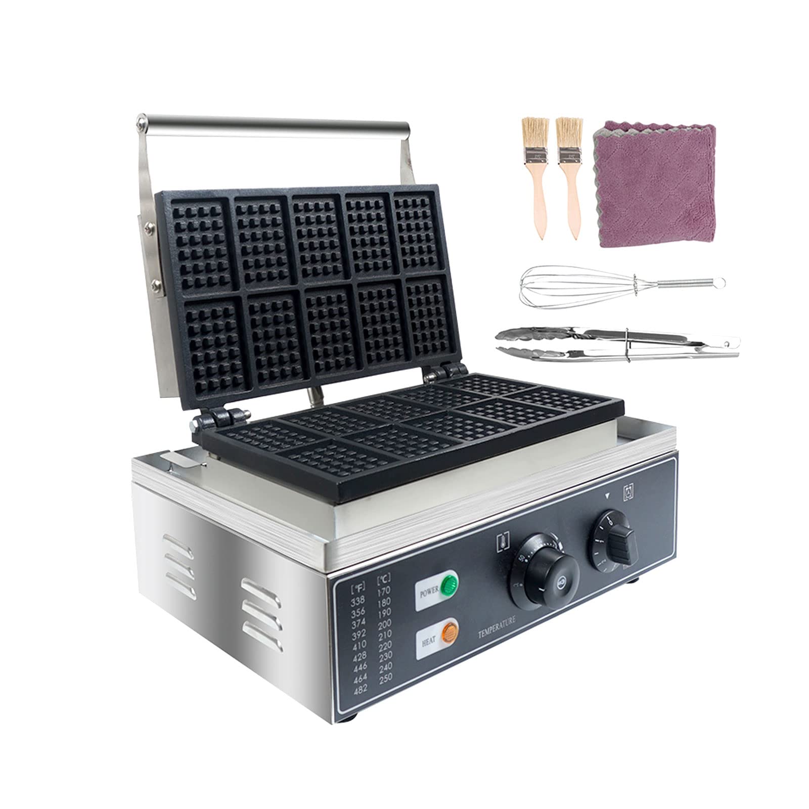 YIKBIK Commercial Waffle Maker - 1550W Electric Belgian Waffle Iron with 10 Non-Stick Plates, 110V Stainless Steel Waffle Machine for Restaurants, Cafes & Breakfast - Perfect for Making Crispy Waffles, Pancakes & Desserts at Home or Business