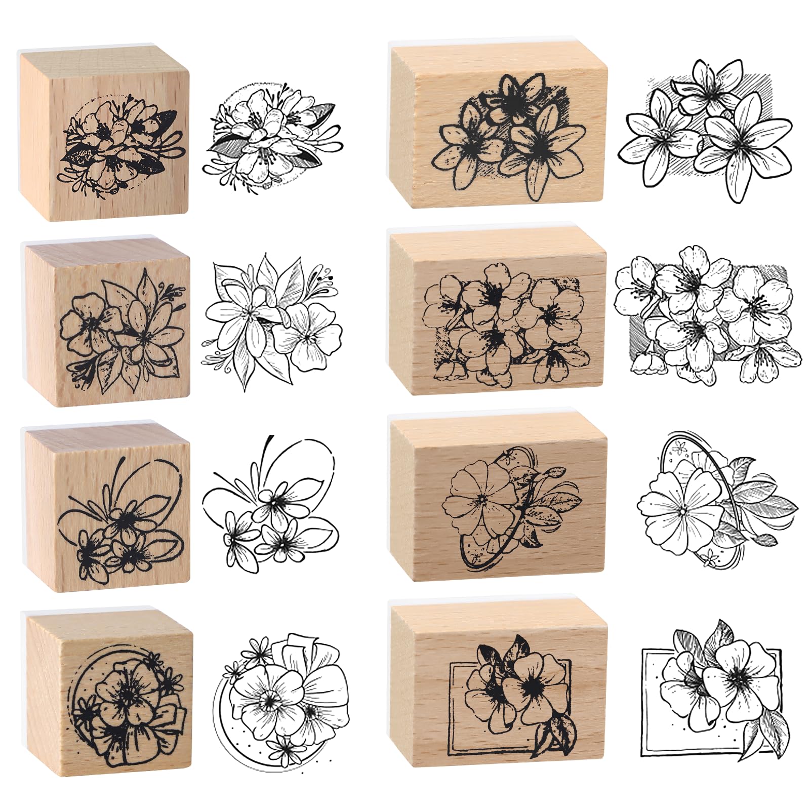 8Pcs Vintage Wooden Rubber Stamps Set - Floral Design for DIY Crafting, Scrapbooking, Card Making, Painting & Handmade Books | Perfect for Wedding Invitations, Gift Wrapping & Home Decor