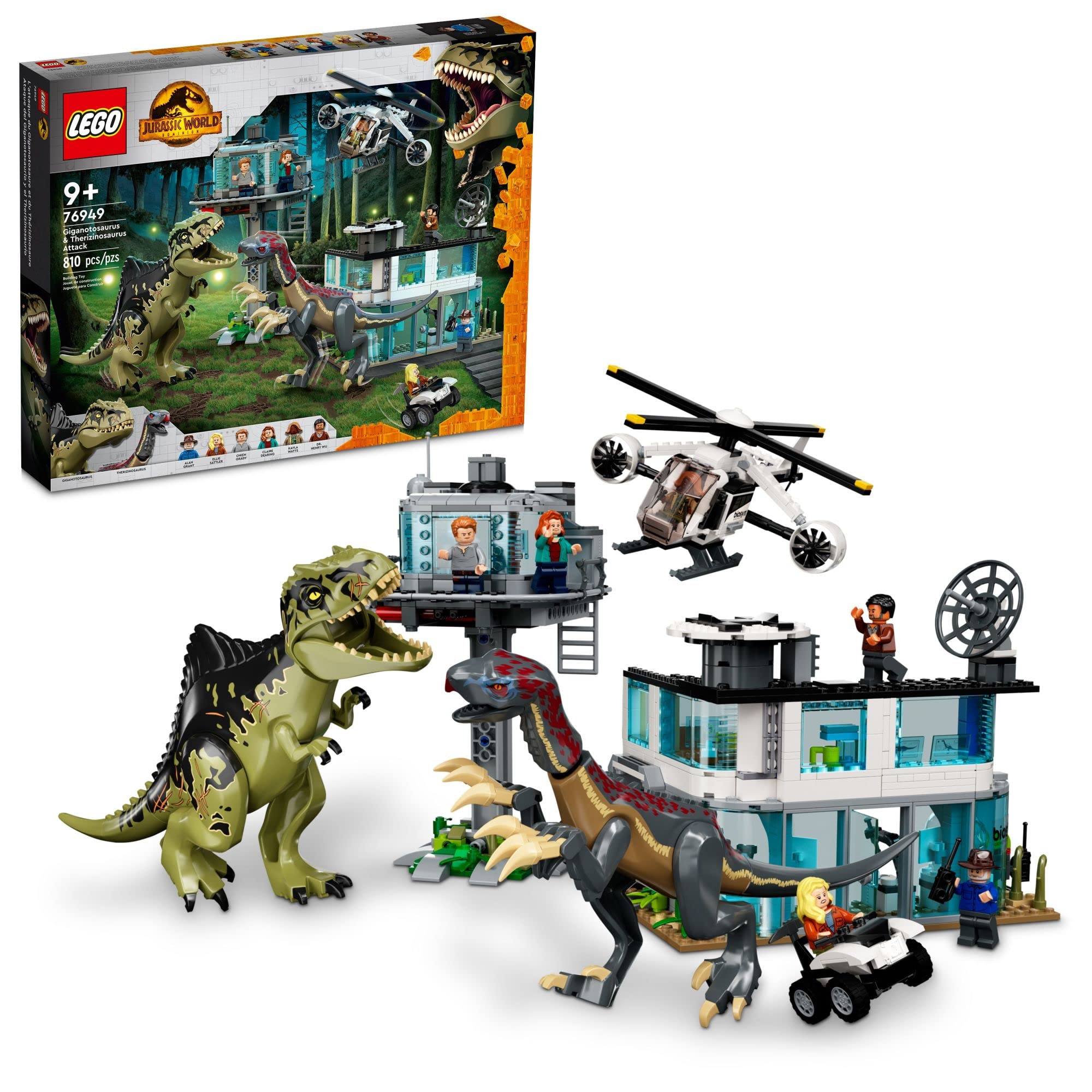 LEGO Jurassic World Giganotosaurus & Therizinosaurus Attack Dinosaur Building Set 76949 - Includes 2 Dinosaur Figures, ATV Vehicle, Helicopter & Garage - Creative Construction Toy for Kids Ages 9+ - Perfect for Jurassic World Fans, Birthday Gifts & Imaginative Play