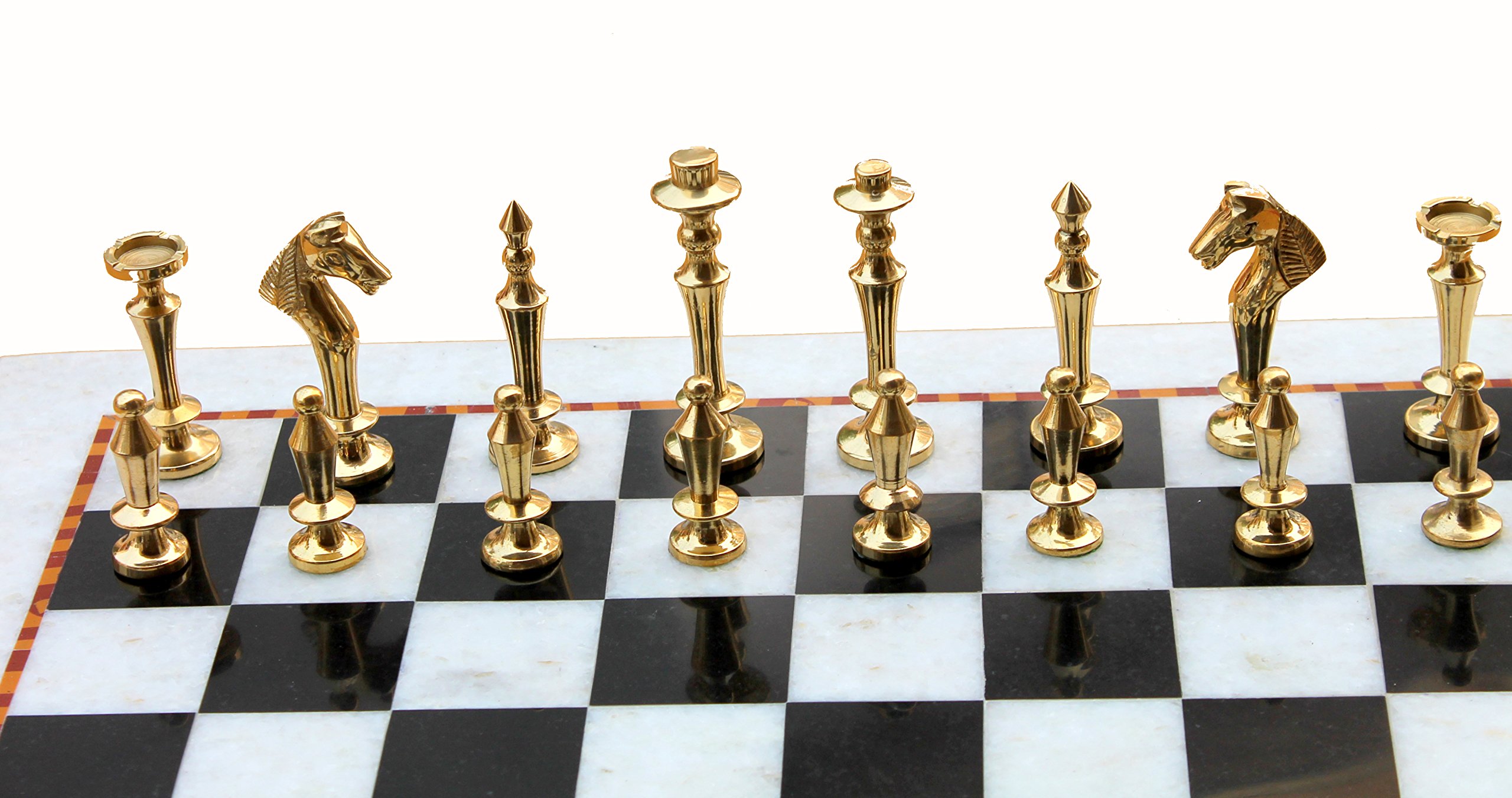 Premium White & Black Marble Chess Set with Brass Pieces - 15