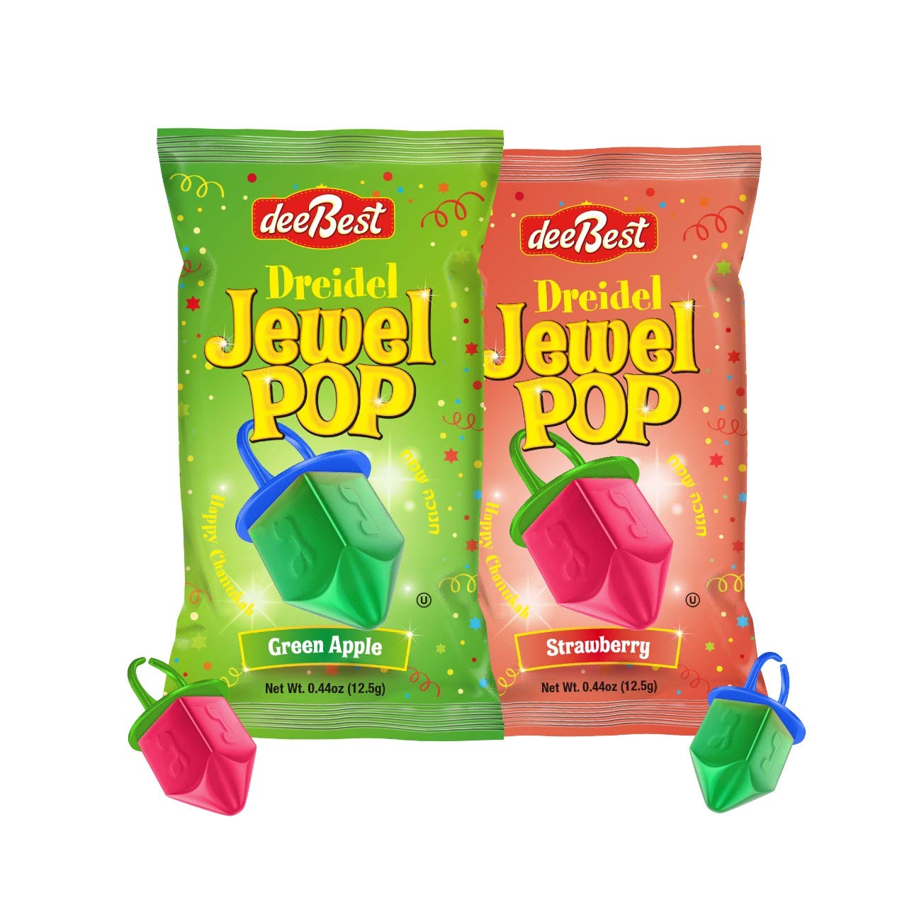Hanukkah Dreidels Jewel Pop Ring Shape Candy - 36 Count Individually Wrapped Kosher Candy with Green Apple & Strawberry Flavors | Hanukah Party Favors, Kids Gifts & Holiday Decorations | Perfect for Classroom Celebrations, Gift Exchanges & Festival Treats