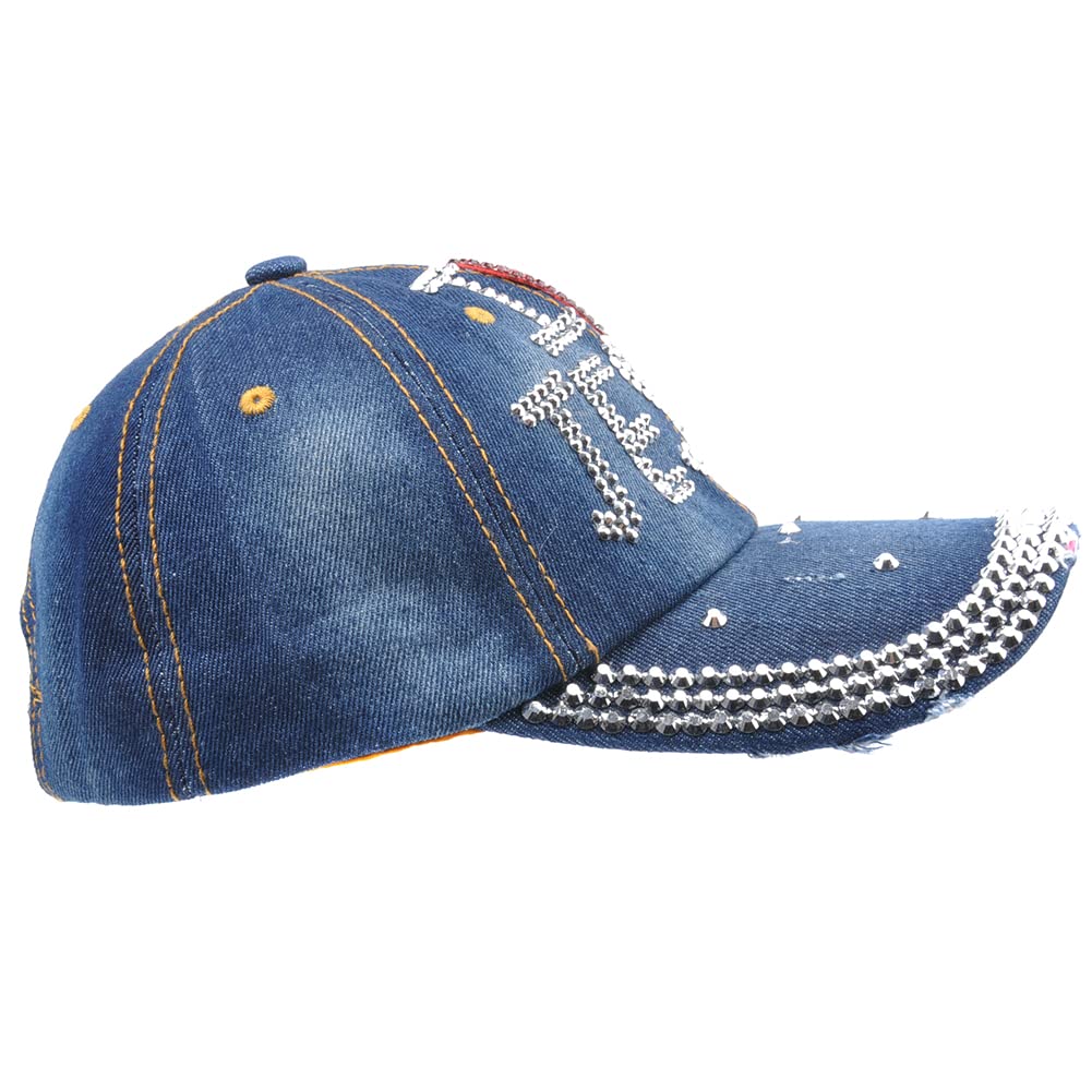 Sparkling Rhinestone Hats for Women - I Love Jesus Embroidered Baseball Cap, Adjustable Denim Golf Hat with Distressed Jeans Wash Design | Perfect for Church, Bible Study & Casual Outings