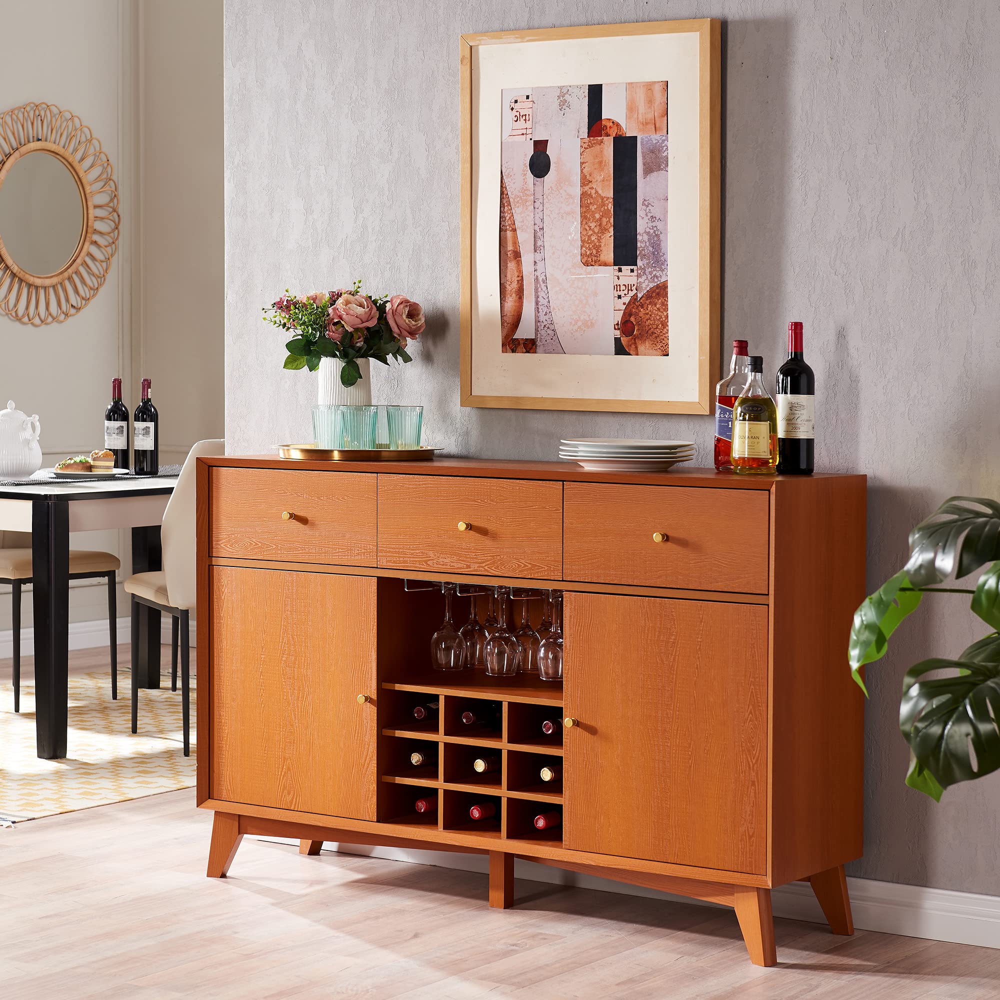 Vintage Mid Century Modern Wine Bar Cabinet with Wine Rack & Glass Holder - Sideboard Buffet Storage Cabinet with Shelves & Drawers - Coffee Bar Cabinet for Dining Room, Kitchen, Living Room - Perfect for Home Entertaining & Wine Storage (Cherry Finish)