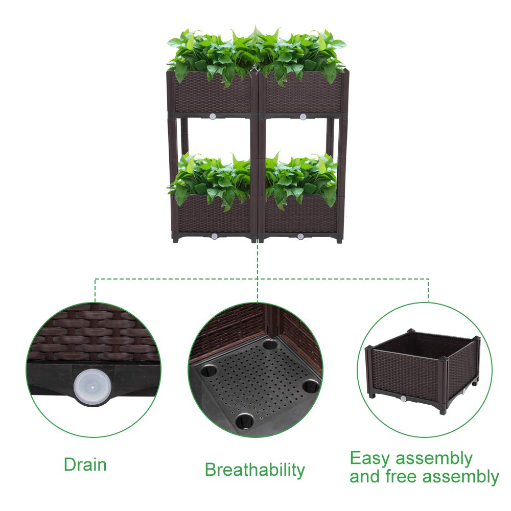 4-Piece Modern Rattan-Style Raised Garden Bed Set - Durable Plastic Planter Stand for Vegetables, Flowers, Herbs - Indoor & Outdoor Use - Perfect for Backyard, Patio, Balcony Gardening (Brown)