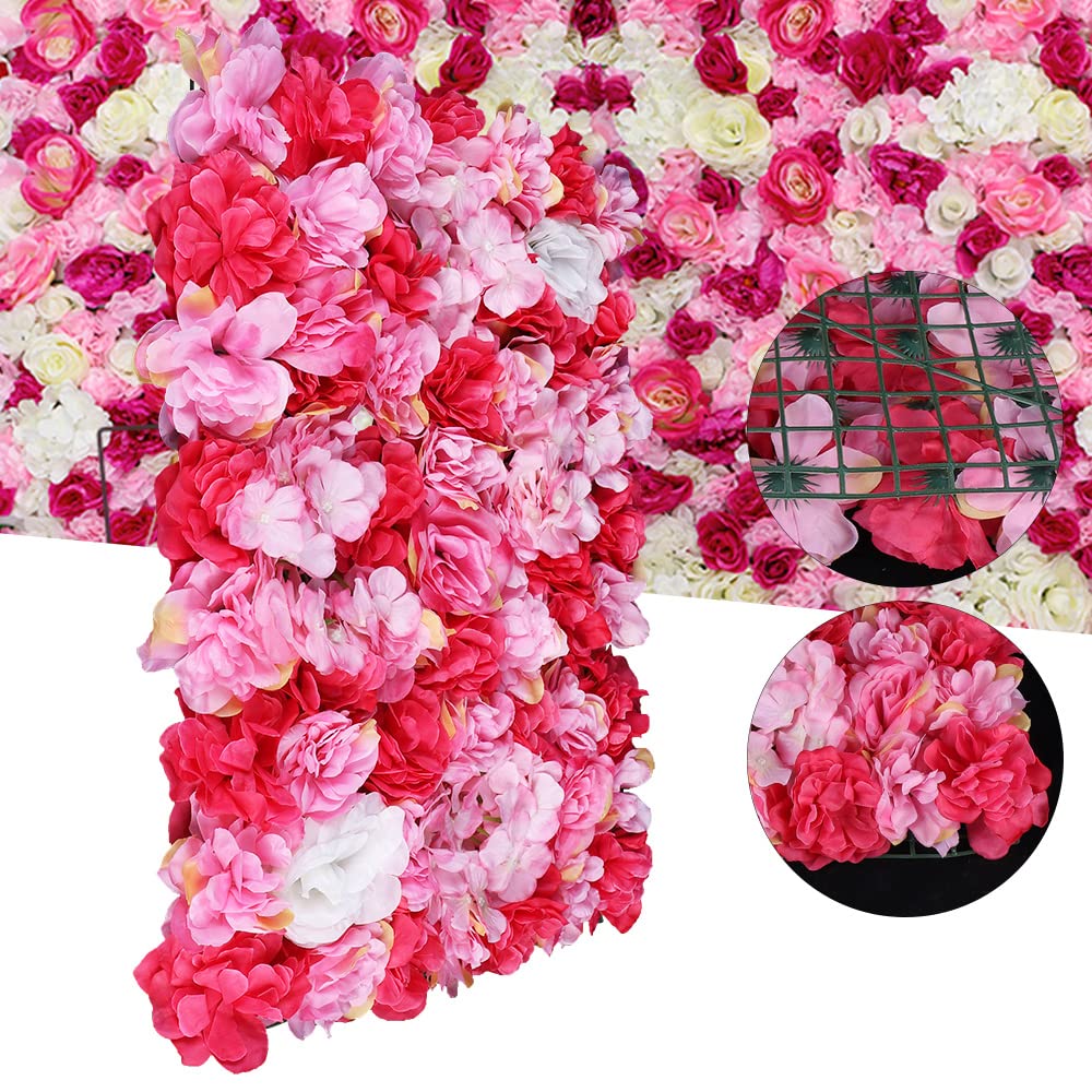 12 Pieces Artificial Silk Flower Wall Panels - Pink Romantic Roses Backdrop for Wedding, Party, Photo Booth & Home Decoration | Hanging Floral Wall Decor for Venue, Main Road & Event Backgrounds