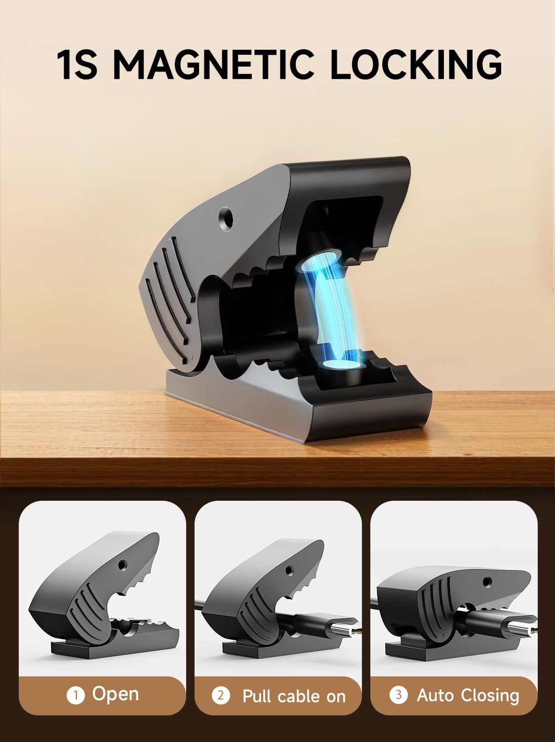 6-Pack Magnetic Cord Organizer - Shark Cable Clip for Phone Charger, Smooth Adjustable Adhesive Cable Holder for Nightstand, Office Desk, Kitchen & Car - Black | Perfect for Home, Work & Travel Organization