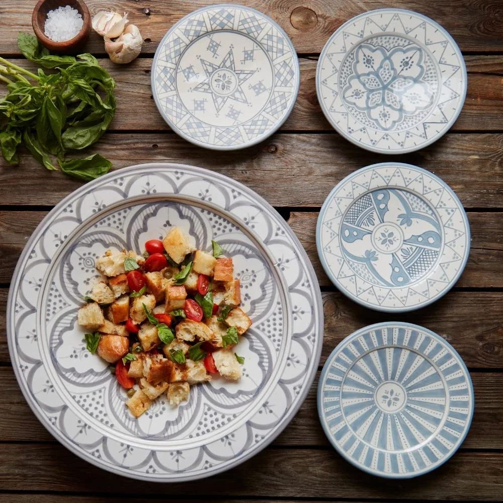 Hand Painted Moroccan Arabesque Ceramic Serving Set - Extra Large Gray Bowl & Small Plates for Entertaining, Dining, and Home Decor