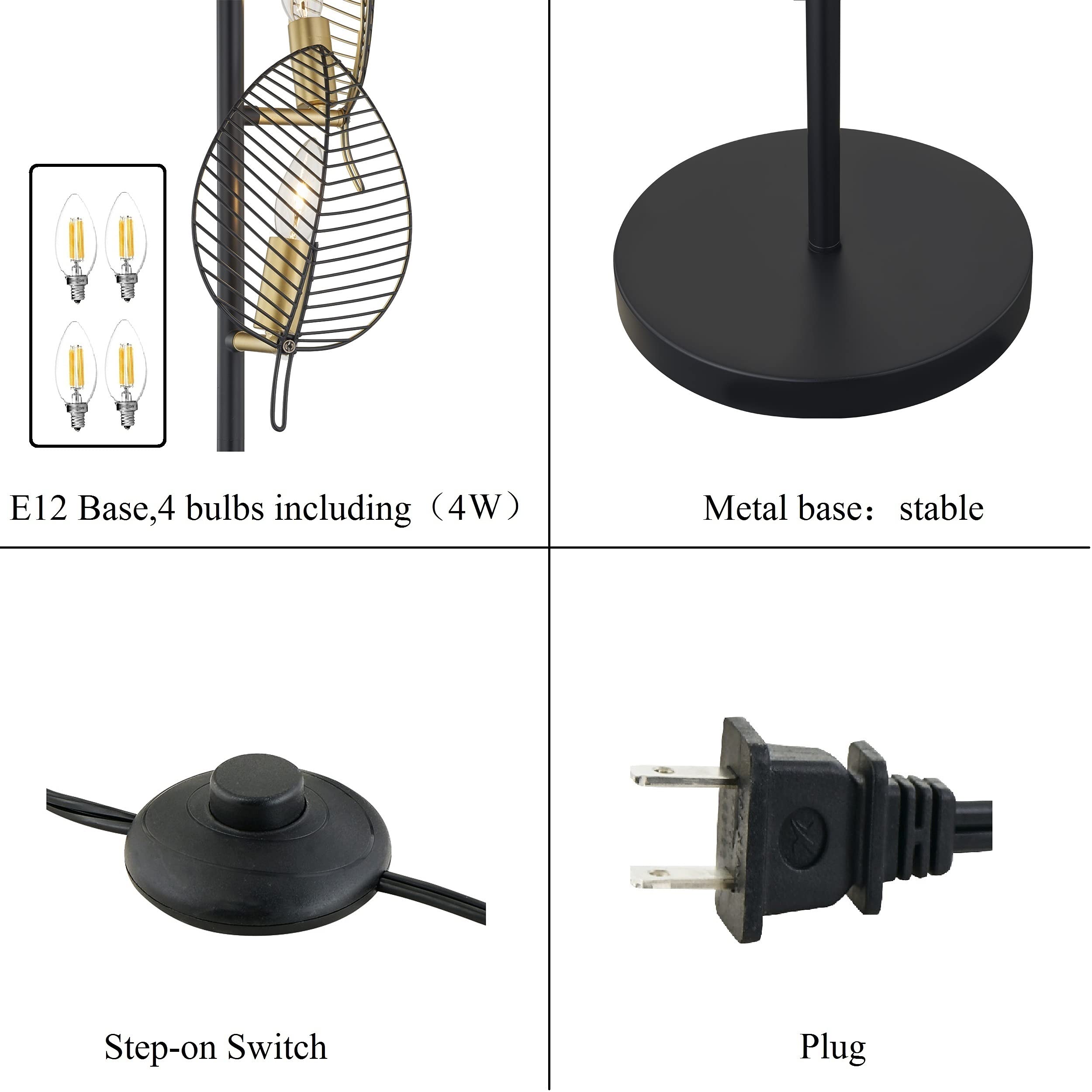 WOXXX Industrial Black Floor Lamp with 4 Brush Gold Finish Leaf Shade - Modern Tree Floor Lamp for Living Room, Bedroom, Office - Tall Standing Reading Lamp with Farmhouse Style (4 Bulbs Included) - Perfect for Cozy Reading Nooks, Living Room Accent Lighting & Bedside Illumination