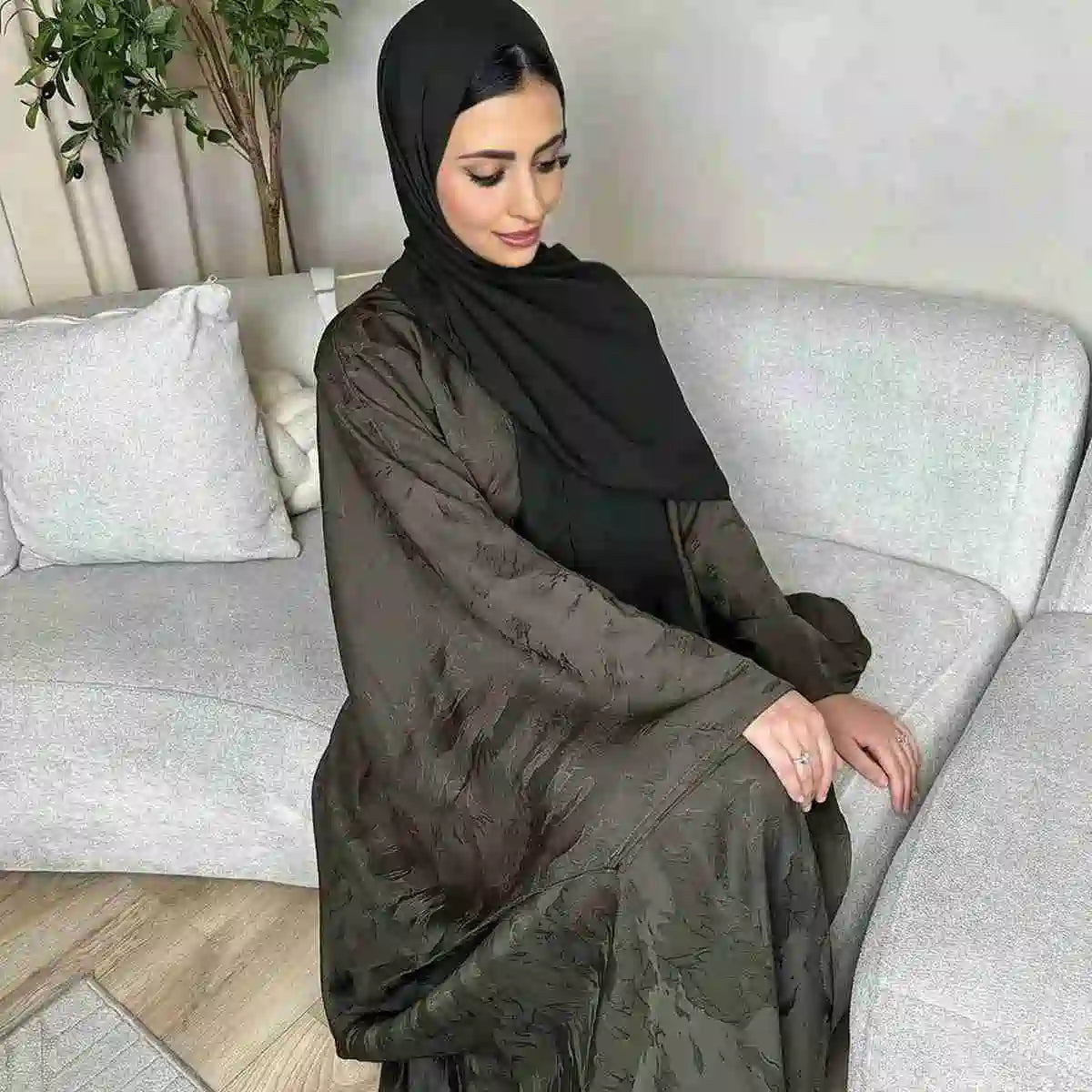 Elegant 3D Jacquard Satin Abaya Dress for Women - Modest Islamic Prayer Dress #250021 | Perfect for Eid, Ramadan, Wedding & Special Occasions