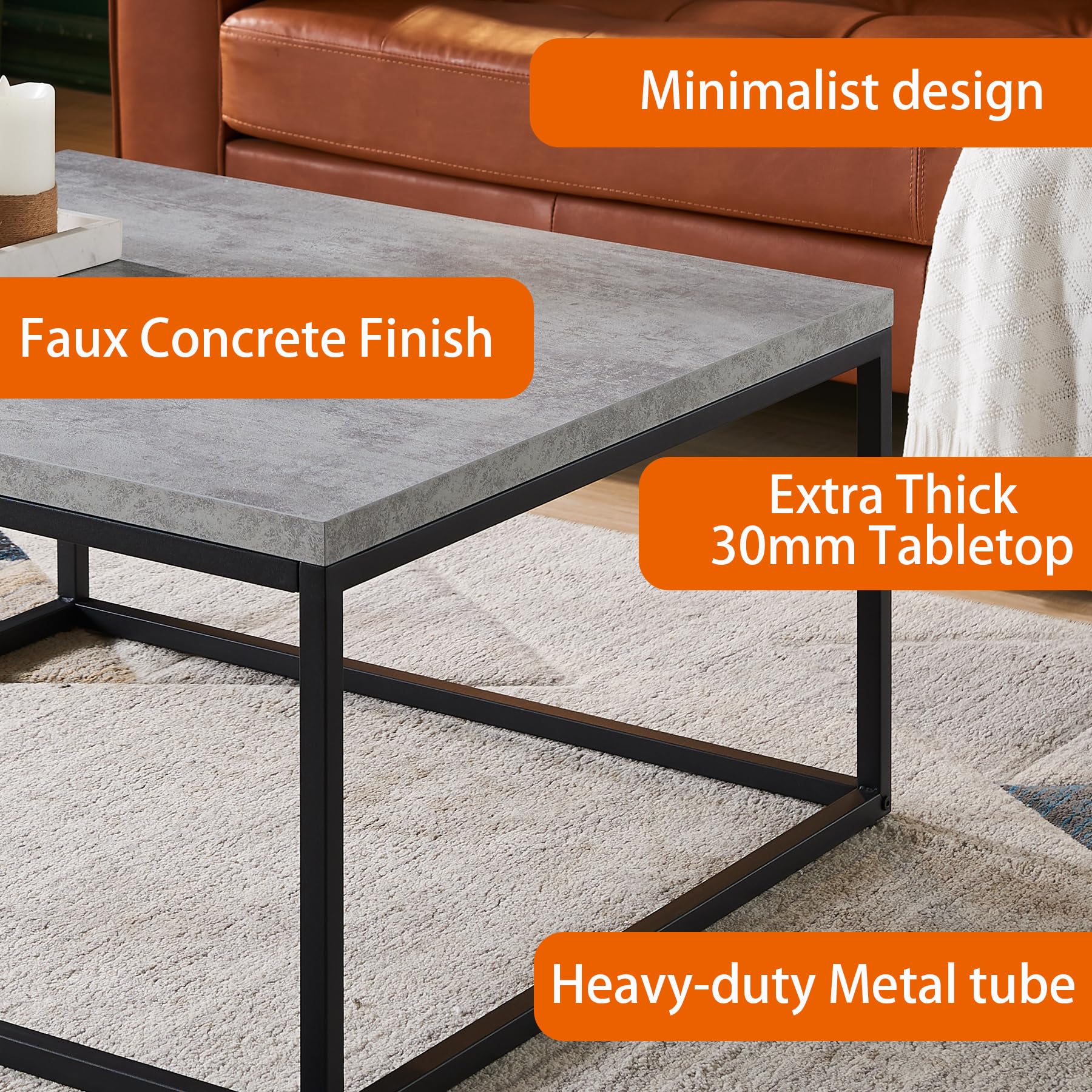 CENSI 40-Inch Modern Industrial Concrete Coffee Table - Rectangle Grey Marble Top with Wood & Metal Base - Extra Thick Durable Design for Living Room, Lounge & Office