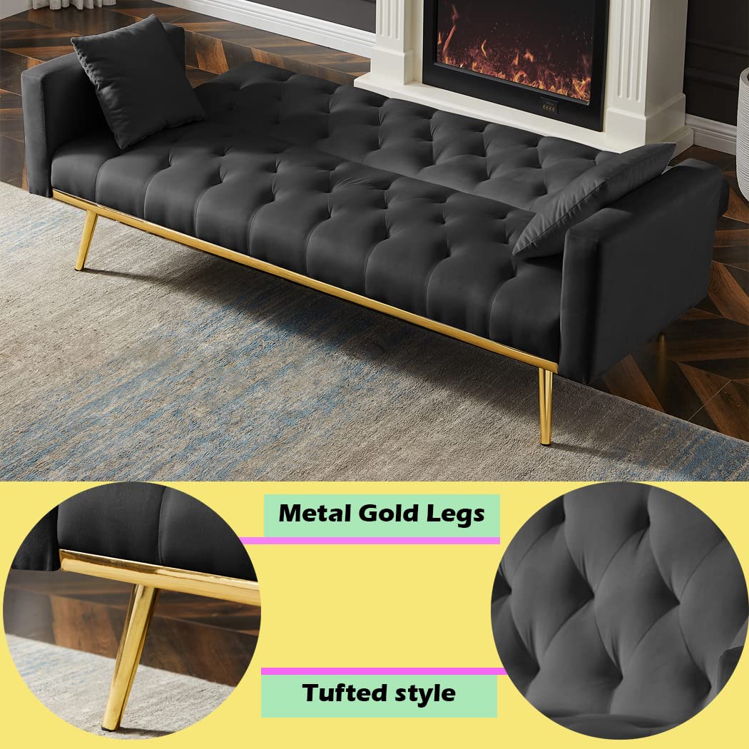 Velvet Futon Sofa Bed - 3 Seater Convertible Sleeper Sofa with Loveseat Option, Button Tufted Upholstery & Gold Metal Legs, Includes 2 Decorative Pillows - Easy Assembly (Black) | Perfect for Small Apartments, Guest Rooms & Home Offices