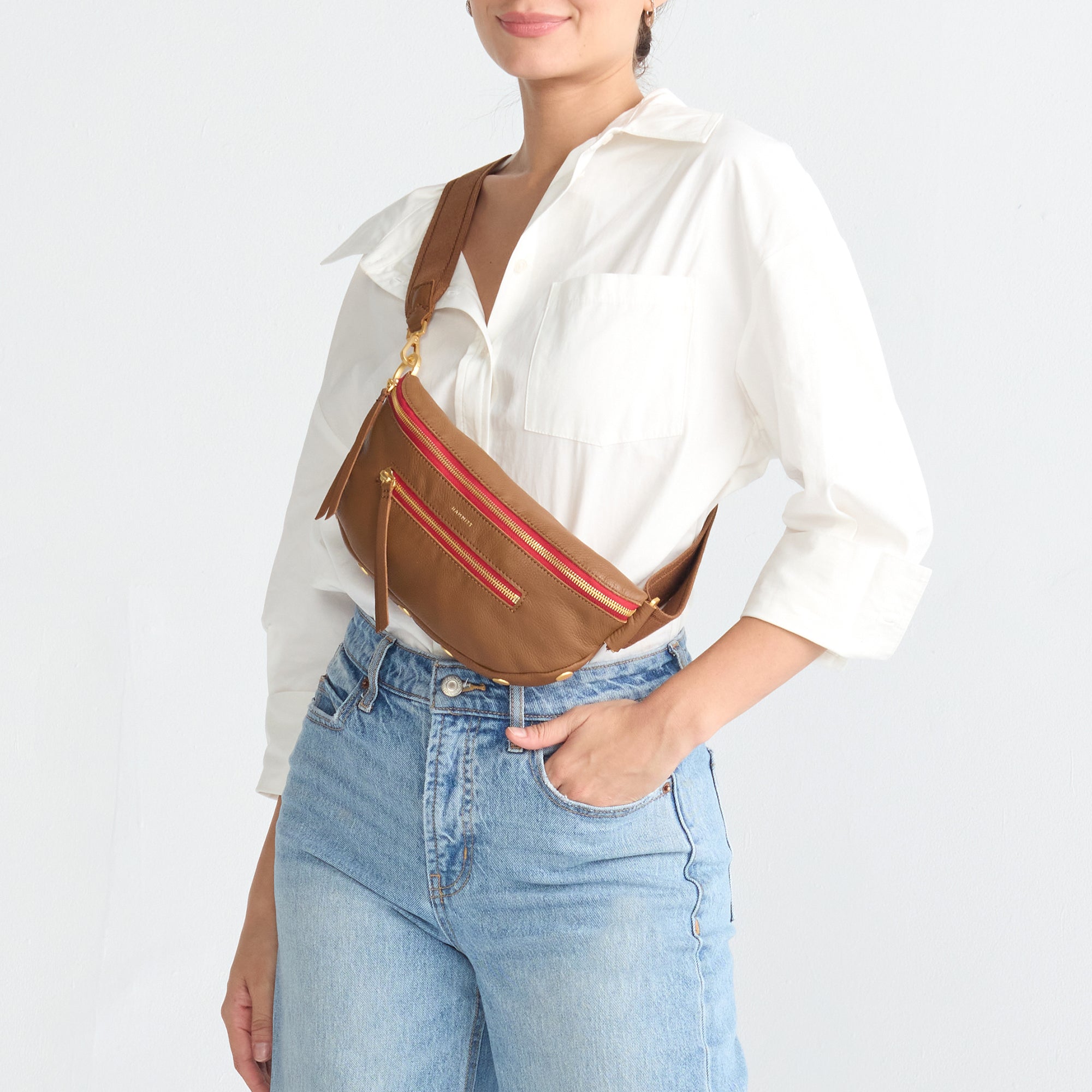Charles Crossbody Bag for Women - Mahogany Pebble Leather with Brushed Gold Hardware & Red Zip Closure | Medium Size | Perfect for Work, Travel & Everyday Use