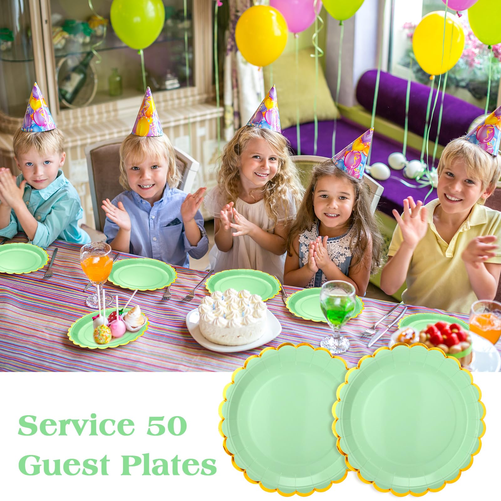 50 Pcs Mint Green Scalloped Paper Plates with Gold Foil - 9 Inch Disposable Party Plates for Birthday, Baby Shower, Wedding & Dessert - Elegant Decorative Cake Plates for Special Occasions & Celebrations
