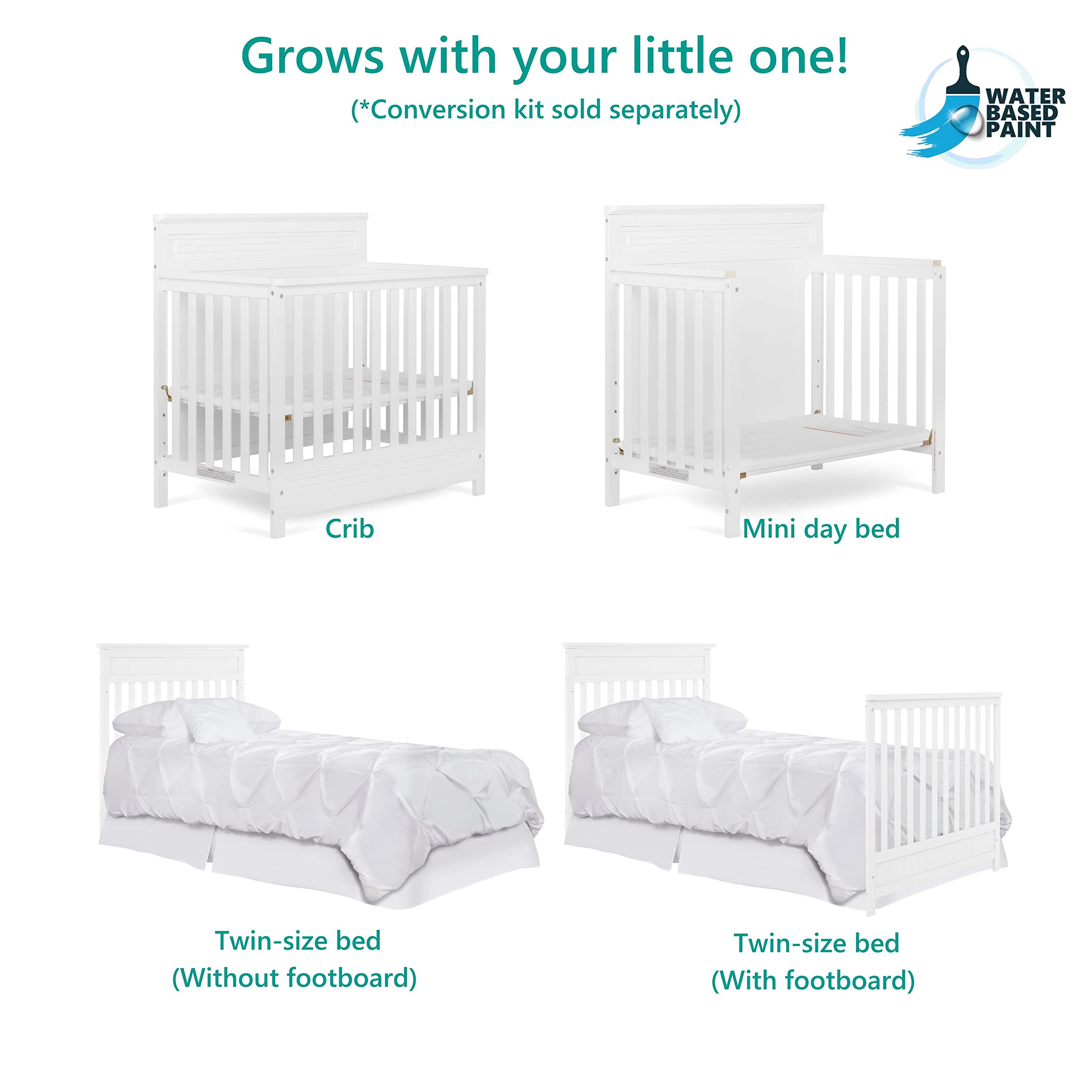 Dream On Me Harbor 4-in-1 Convertible Mini Crib - White Solid Pinewood, Water-Based Paint Finish, JPMA Certified, 3 Adjustable Mattress Heights | Nursery, Small Spaces, Guest Room, Travel & Daycare Use