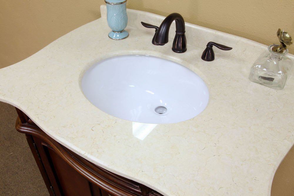 34.6 Inch Single Bathroom Vanity with Sink - Solid Wood Walnut Finish & Cream Marble Top - Perfect for Modern Home Bathroom Renovation and Small Space Design