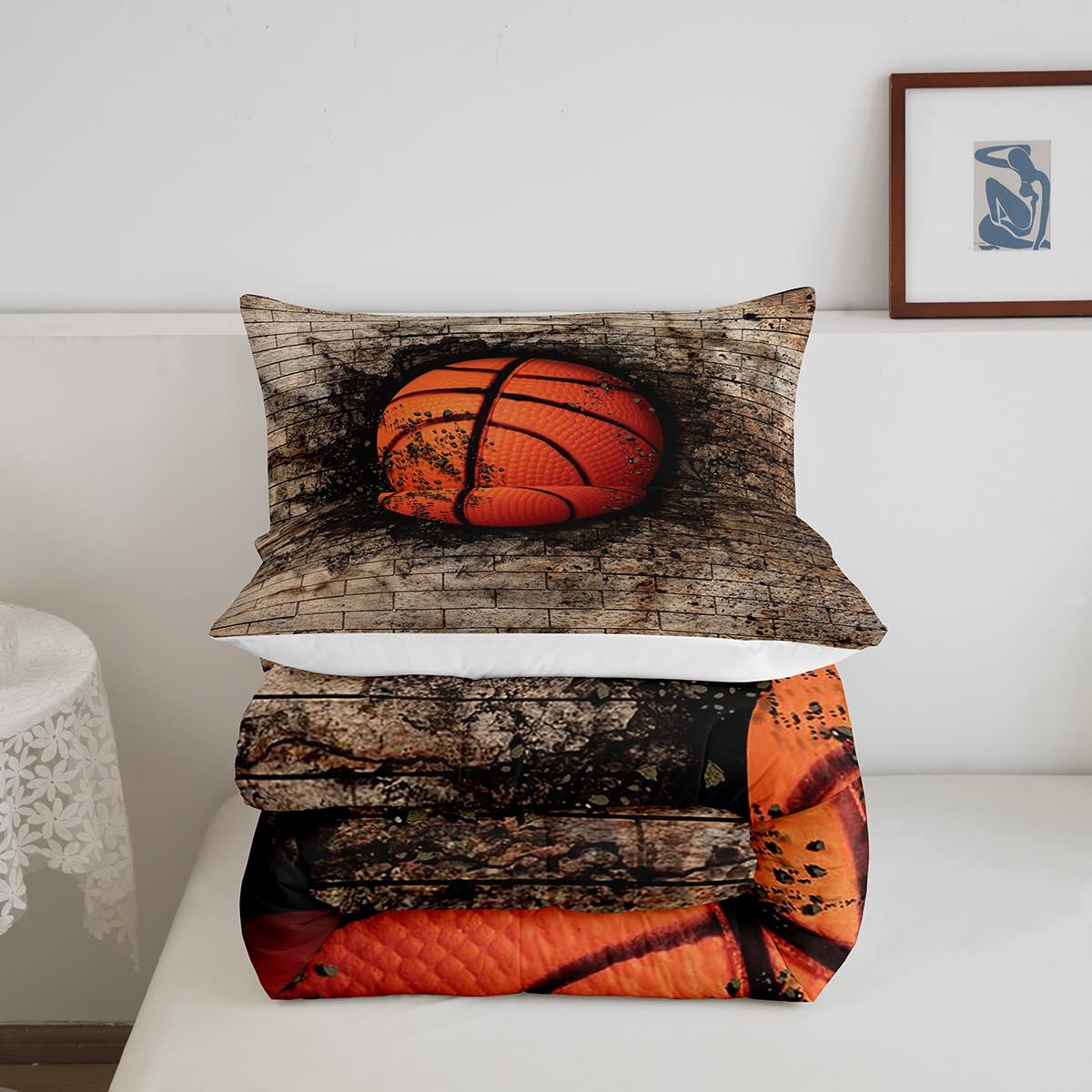 Castle Fairy Full Size Kids Basketball Comforter Set - Rustic Brown Brick Wall Design, Microfiber Quilt with 2 Pillowcases for Girls & Teens | Perfect Gift for Basketball Lovers & Competitive Sports Games | Ideal for Bedrooms, Dorm Rooms & Sleepovers