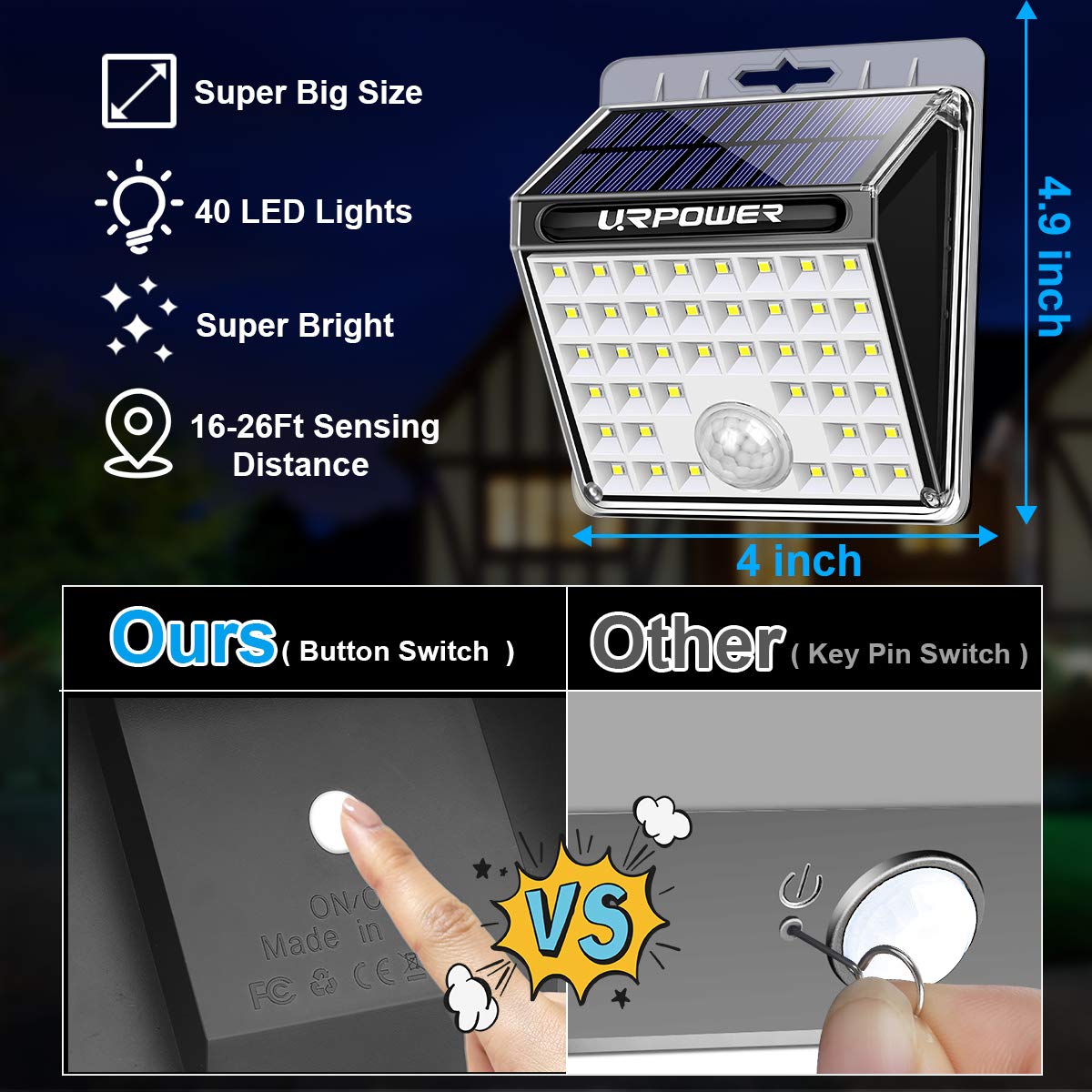 URPower 40 LED Solar Motion Sensor Lights Outdoor Waterproof - Solar Powered Security Flood Lights for Backyard, Fence, Deck, Patio, Garage (4 Pack) | Bright Solar Lighting for Pathways, Driveways & Home Security