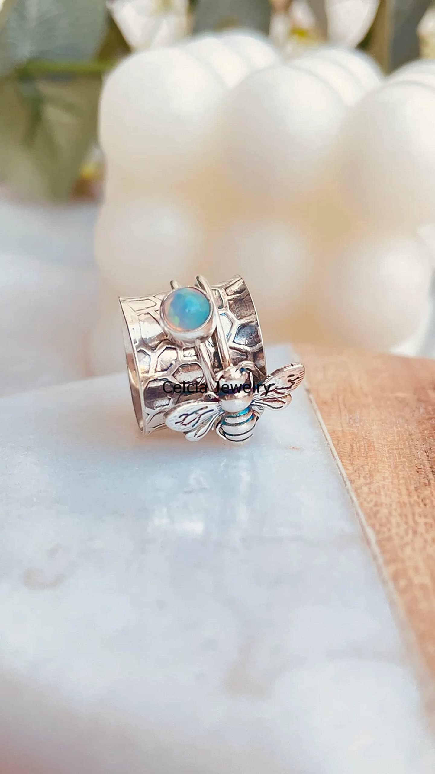 Opal Gemstone Spinner Bee Ring – Handcrafted Spinning Meditation & Anxiety Relief Fidget Ring – October Birthstone Jewelry Gift for Women (US Size 8.5) – Perfect for Stress Relief, Mindfulness Practice & Stylish Everyday Wear